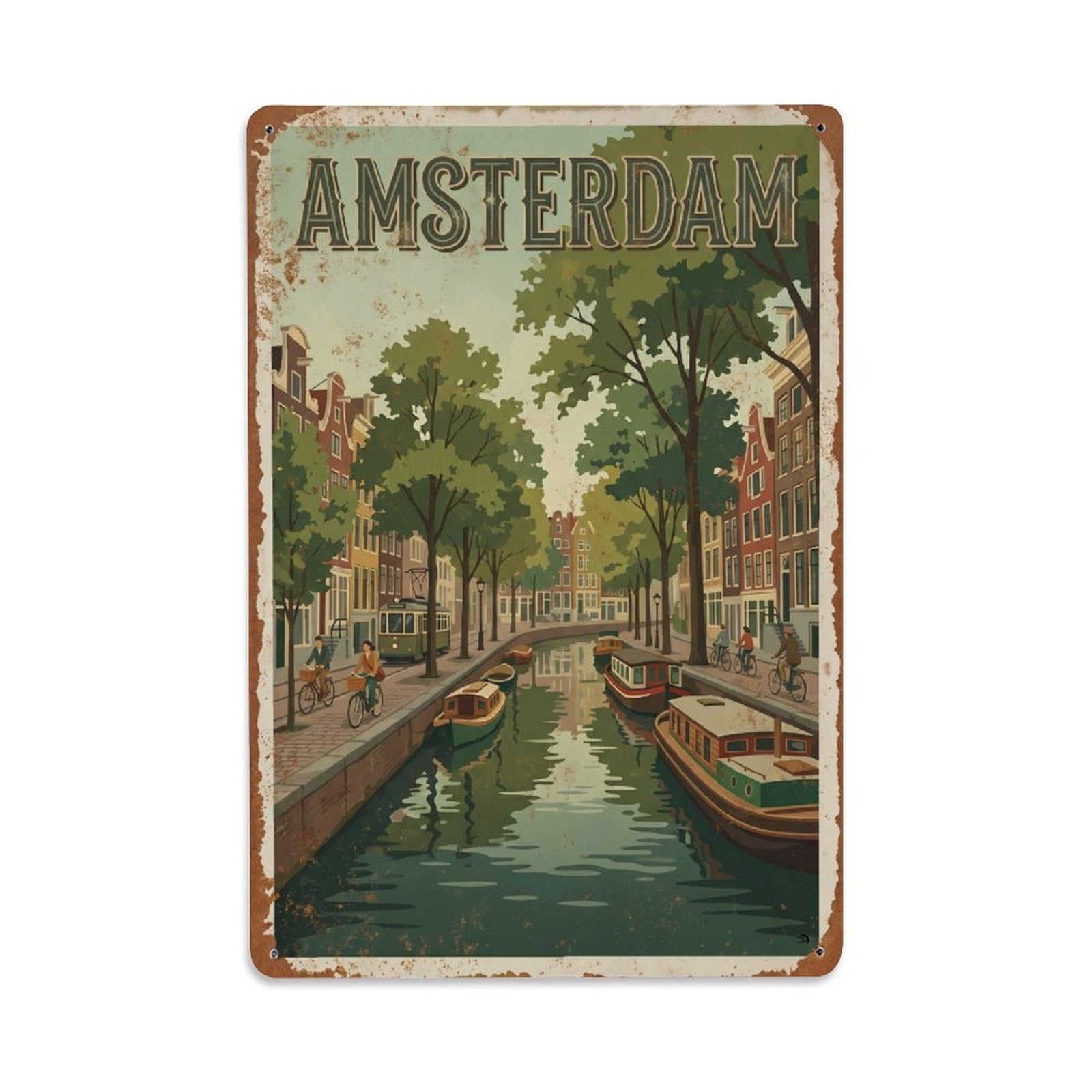 Windmill Countryside Classic Amsterdam Travel Landscape Metal Tin Sign Plaque Wall Decor for Cafe, Man Cave, Club Bar, Office, Home Garden Round Metal Poster 8x12Inch