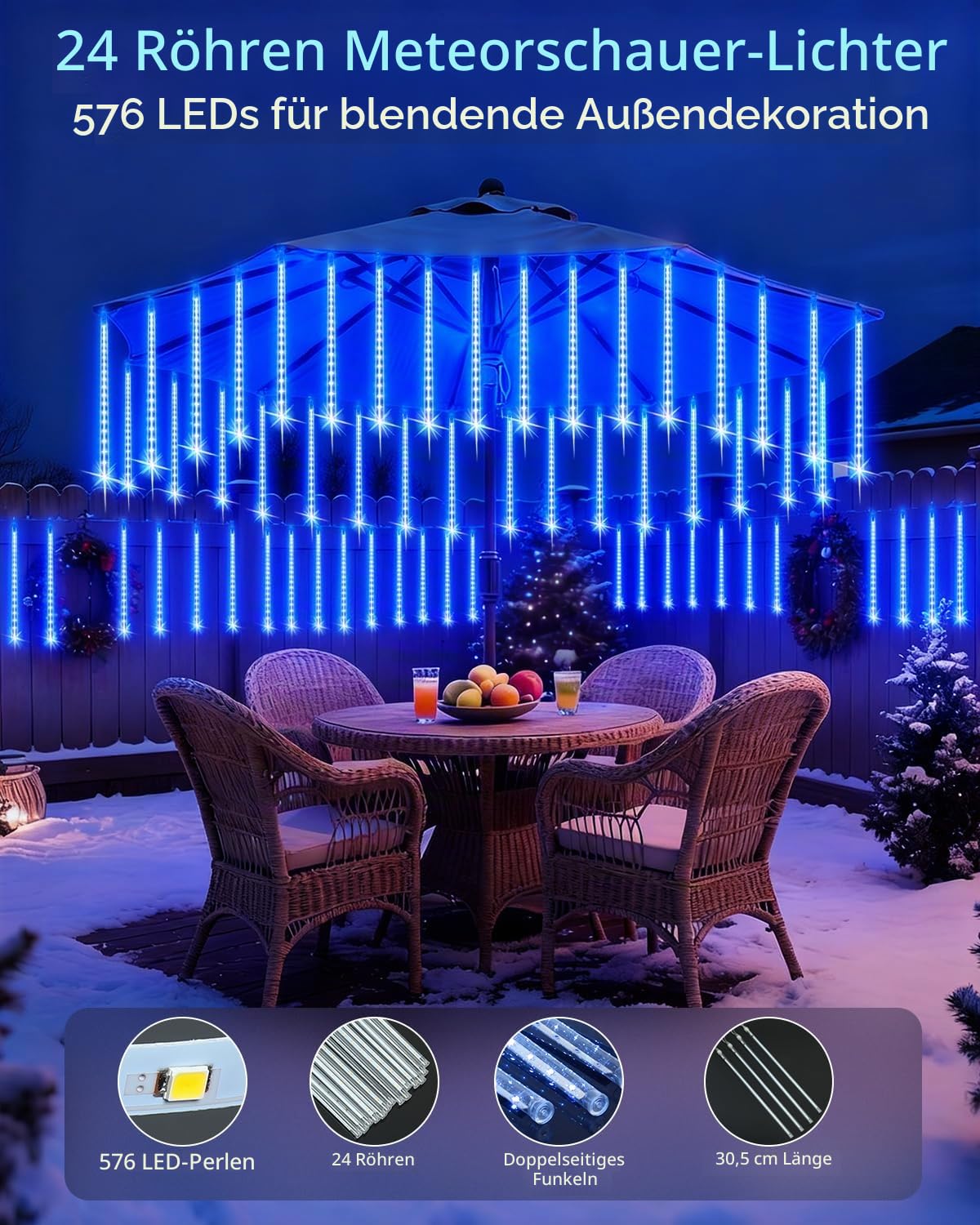 PEMOTech Weihnachtsbeleuchtung Außen,24 Röhren 30 CM 576 LEDs eiszapfen lichterkette außen，Wasserdichte Fallende Regen Lichter für Weihnachten Halloween Weihnachtsbaum, Weihnachtsdeko Aussen, Blau
