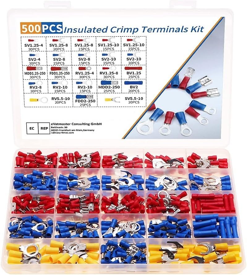 500pcs Insulated Cable Connector Electrical Wire Crimp Spade Butt Ring Fork Set Ring Lugs Rolled Terminals Assorted Kit