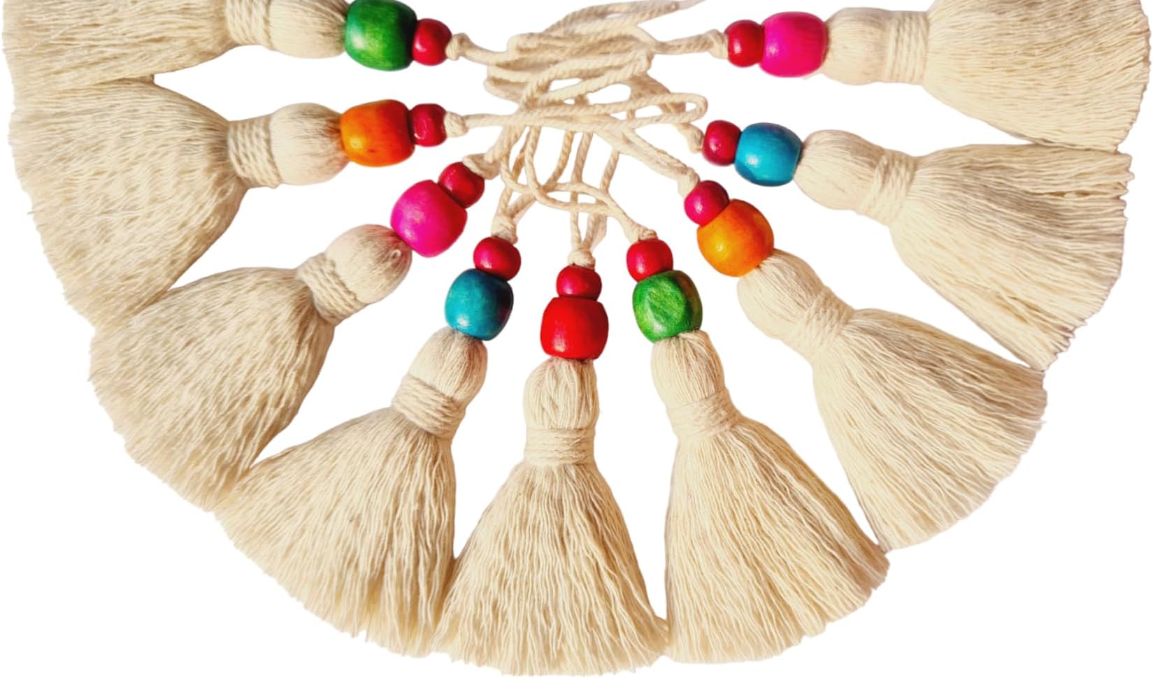Zippy Flora Handmade 2 inch Long Cotton Tassels for DIY/Decor/Craft Projects (Pack of 10) (with Colored Wooden Beads, Off-White)
