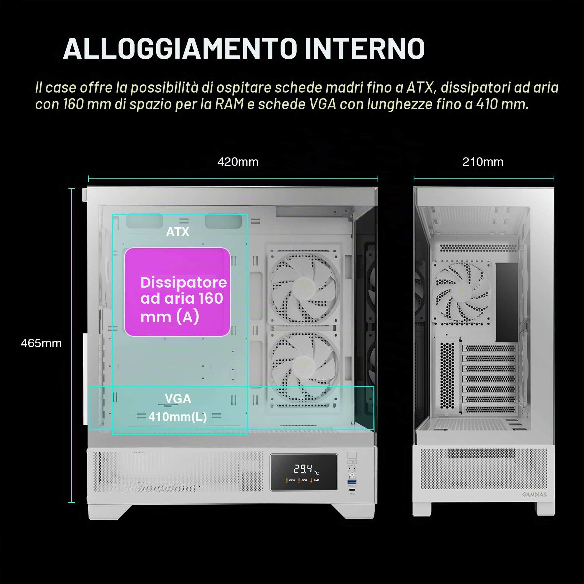 GAMDIAS ATLAS M1 WH Gaming ATX Mid Tower Computer PC Case, Monitor personalizzato w/software, 3 x 120 mm ARGB PWM Ventole (2 Aspirazione), Display panoramico in vetro temperato, camera di