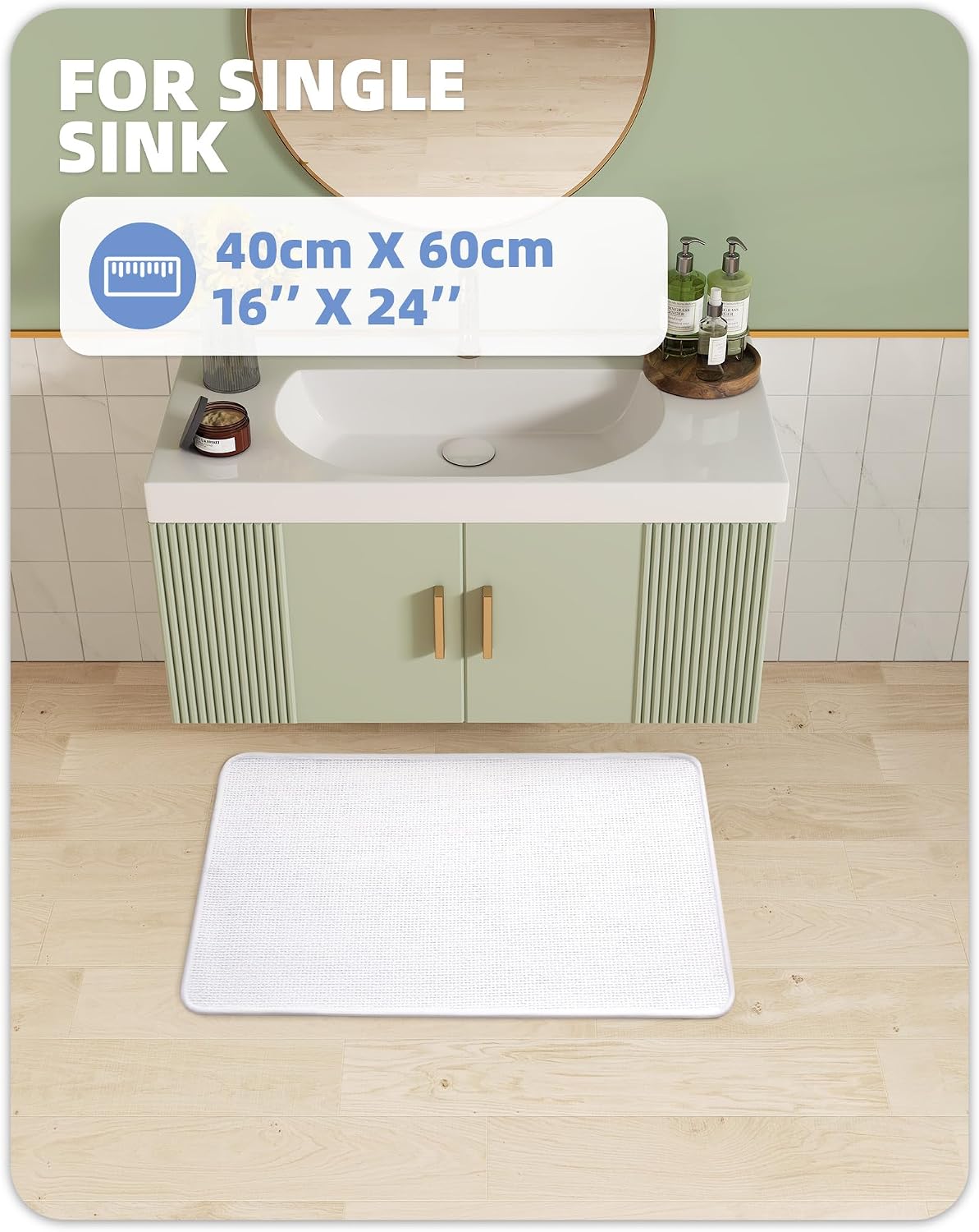 Color&Geometry Green Chenille Bath Mat Quick Dry, Thin, Absorbent, Non Slip, Non Shedding, Washable, Flat Rubber Backed Bathroom Rugs for Washroom Floor & Shower,17"x49"