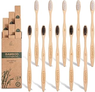 Bamboo Toothbrushes (10 Pack), BPA Free Soft Bristles, Natural Wood, Reusable Travel Toothbrushes