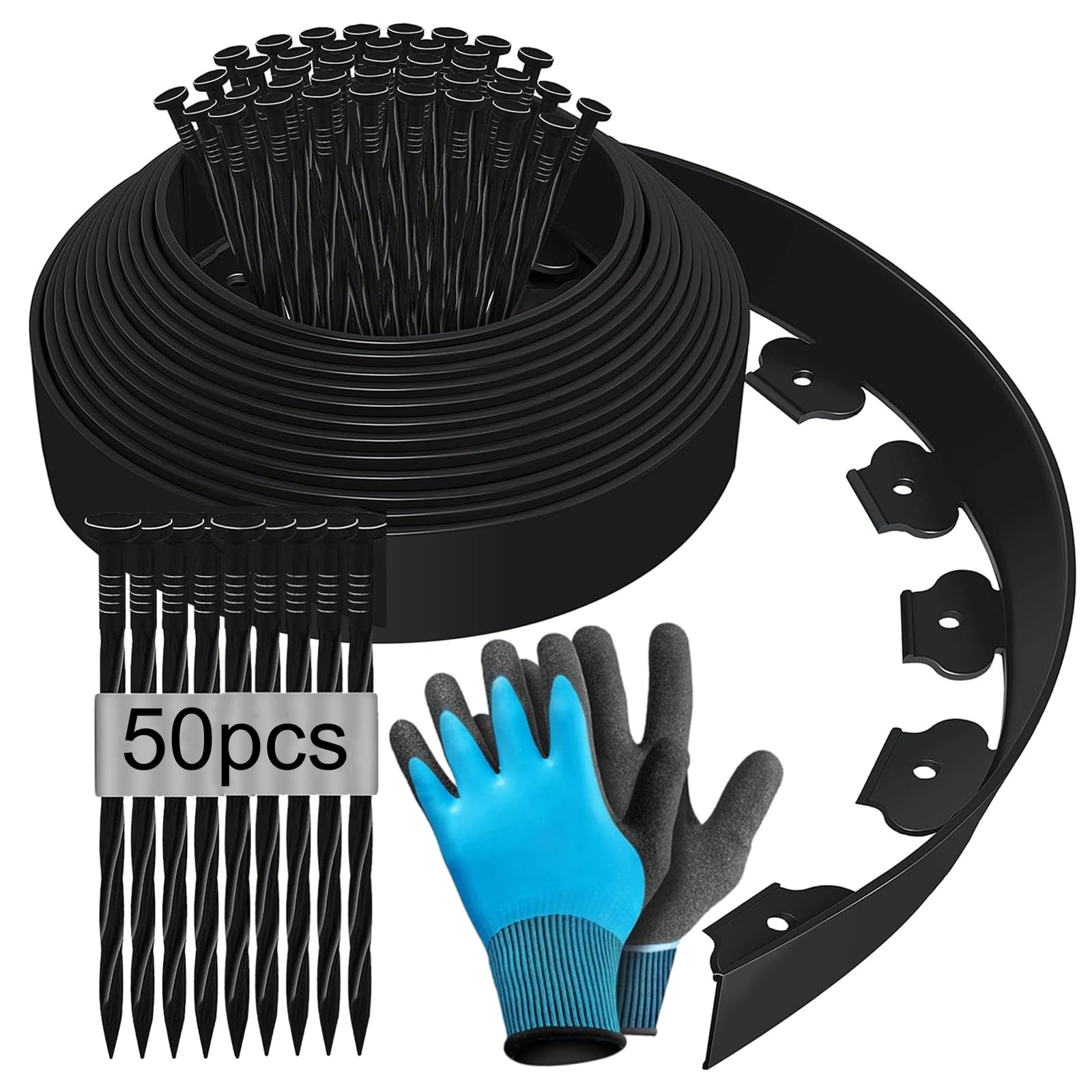 Bordure de Jardin Flexible 10m, Bordure Jardin Exterieur Hauteur 10cm, Bordure Jardin Plastique, Bordurette de Jardin, Garden Edging, Bordure de Tonte, avec Gants et 50 Ongles - Noir