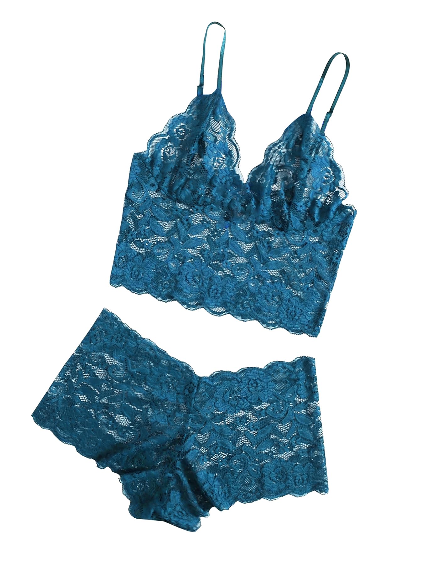 Lilosy Sexy Sheer Floral Lace Pajamas Lingerie Set High Waist Sleepwear Bra and Panty 2 Piece Nightwear: X-Large Turquoise