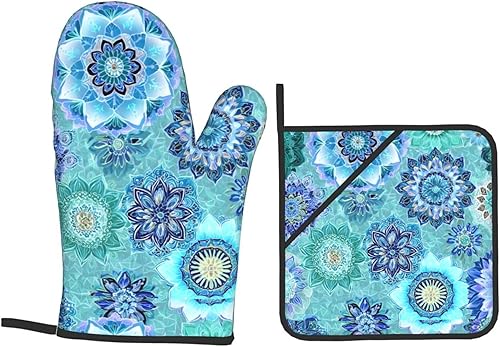 Miniatura 194 de Manoplas de horno y soportes para ollas, arte de mármol blanco y dorado, juego de 4 guantes de cocina resistentes al calor, antideslizantes