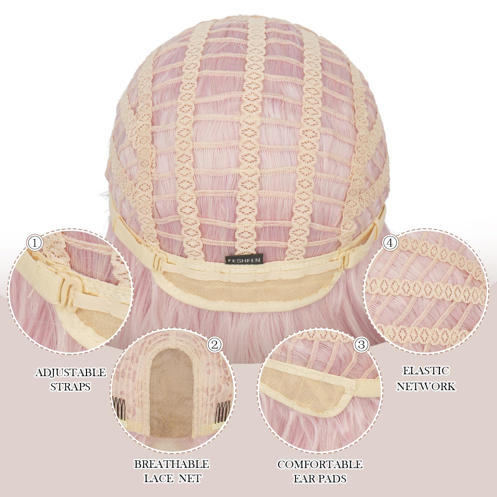 FESHFEN Perücke Pinke für Damen Synthetik Lace Front Gewellt Perücken | 60 cm Lange Wellig Lemonade Rosa Bunte Haarperücke Kunsthaar Natürlich Hitzebeständig Wig für Täglich Karneval Cosplay Party