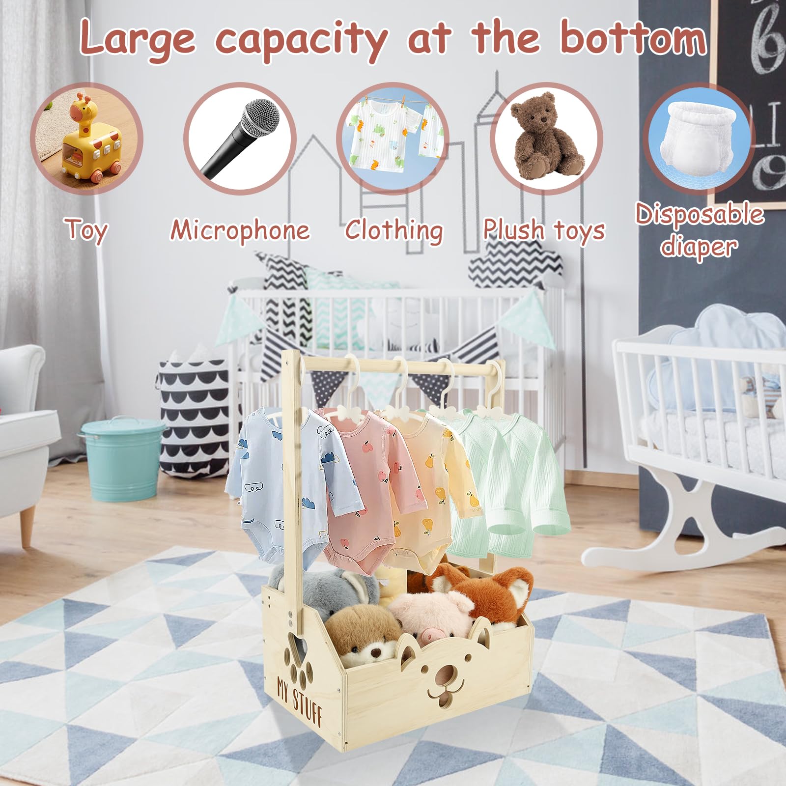 Panier en bois pour bébé avec poignée et 5 cintres pour enfants - Armoire de rangement polyvalente pour bébé - Panier de rangement pour nouveau-né - Pour anniversaire, fête prénatale, Noël, nouveaux