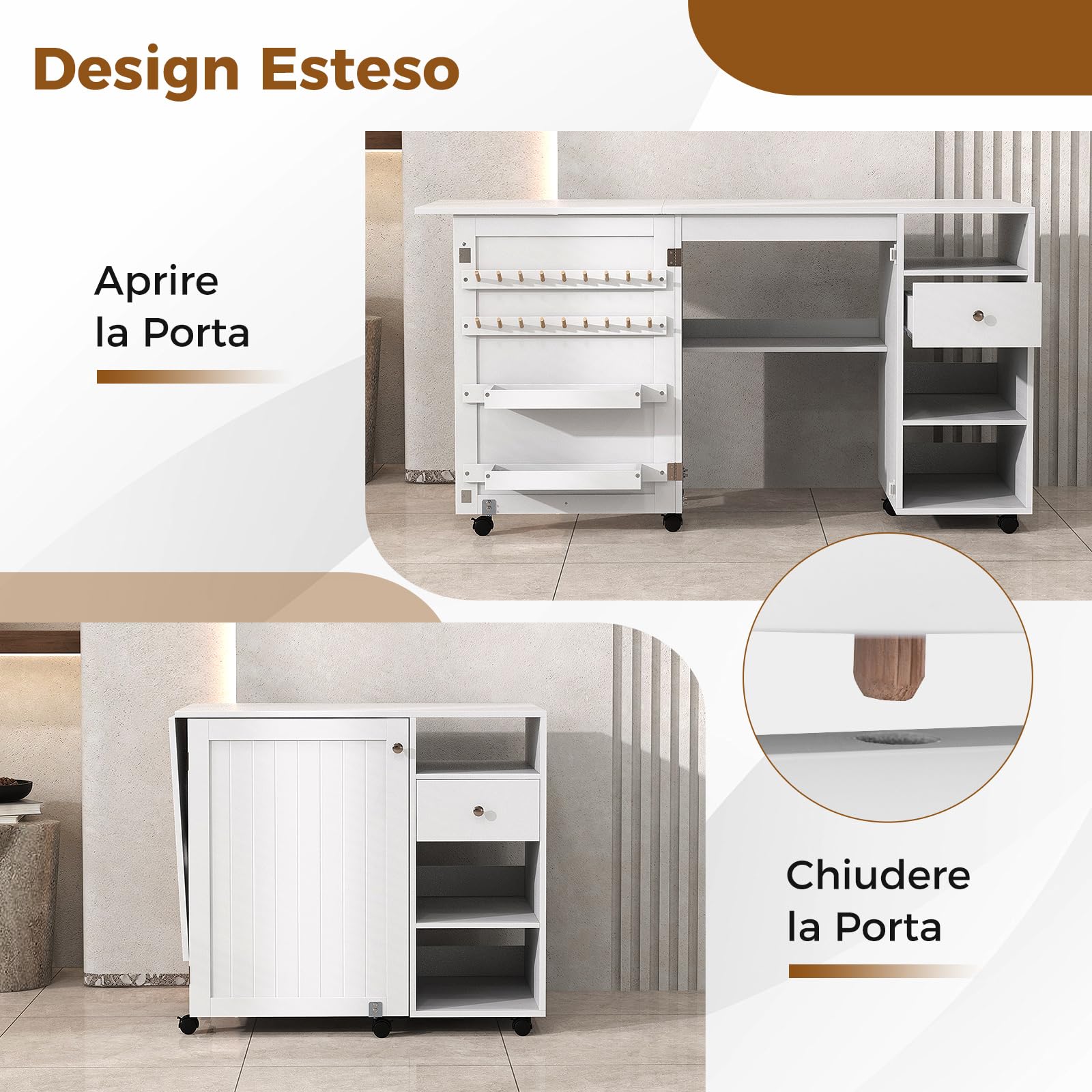 RELAX4LIFE Mesa de costura plegable sobre ruedas, mesa de costura, mesa de trabajo para corte y costura, mesa de costura multiusos con estantes y bandejas, cajón, peldaños, ruedas bloqueables