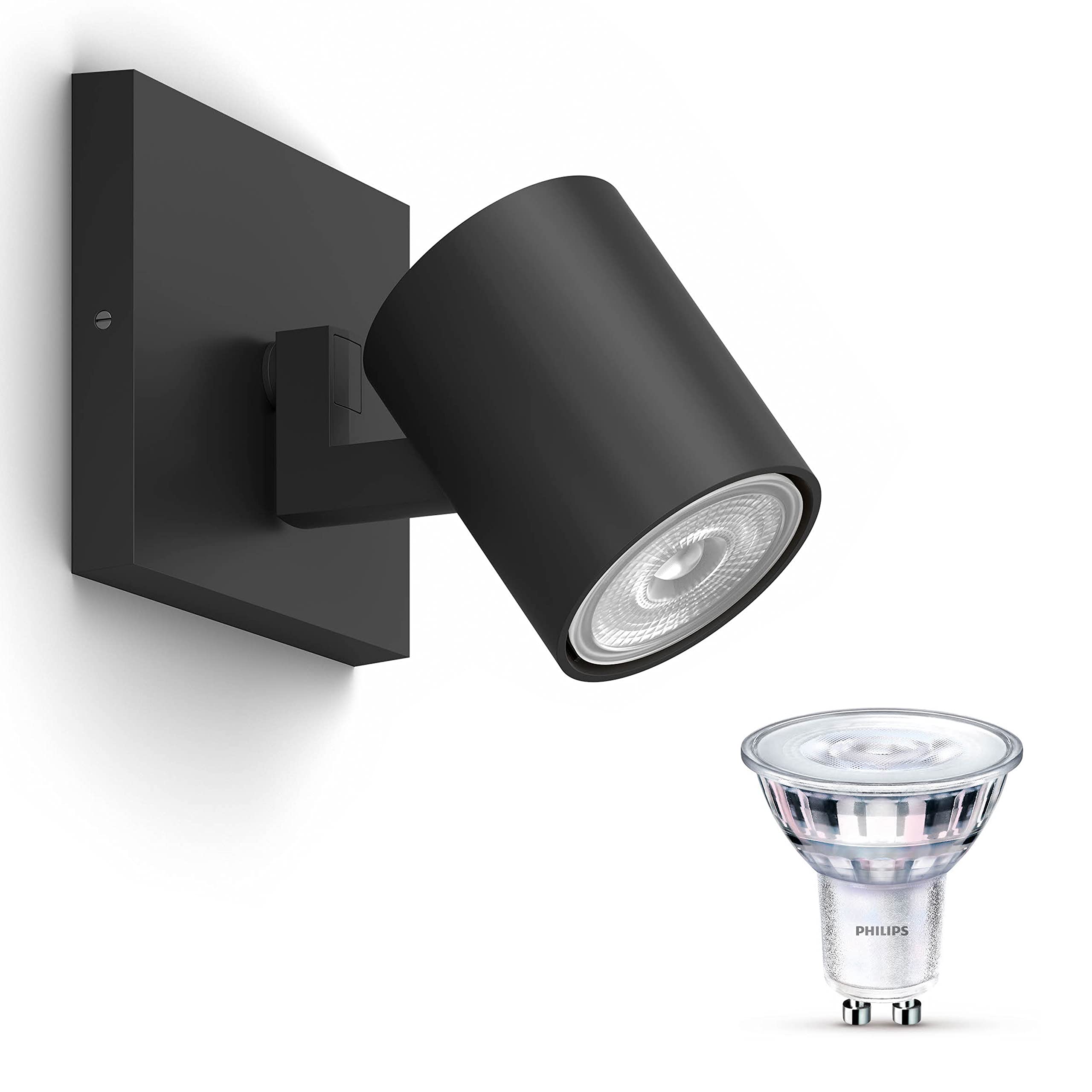 Philips Runner Spot en saillie (Noir) - Lumière blanche chaude - Spot mural ou Spot en saillie avec 1 point lumineux - GU10 - SceneSwitch - Facilement dimmable avec votre interrupteur classique