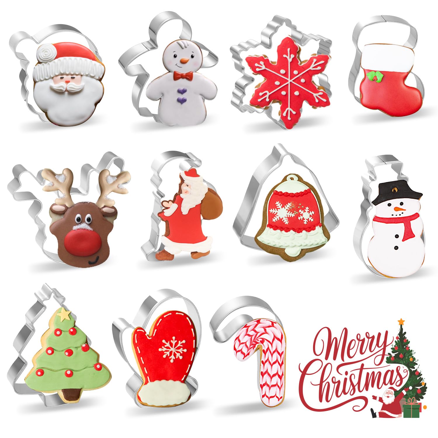Juego de 11 cortadores de galletas de Navidad, cortadores de galletas de acero inoxidable con copo de nieve, muñeco de nieve, campana y más para manualidades, suministros de decoración de fiesta de