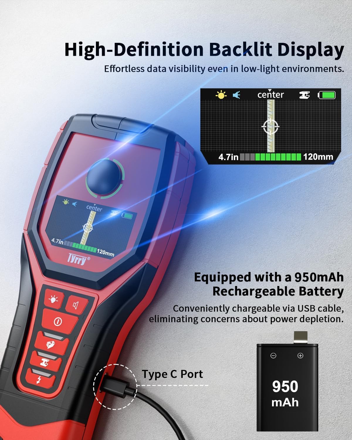 5 in 1 Stud Finder Wall Scanner, Professional Accurate Studfinder for Precise Center and Edge of AC Wire Magnetic Metal Joist Wood Pipe Detection, Audio Light Alarm, Color Display Position Depth