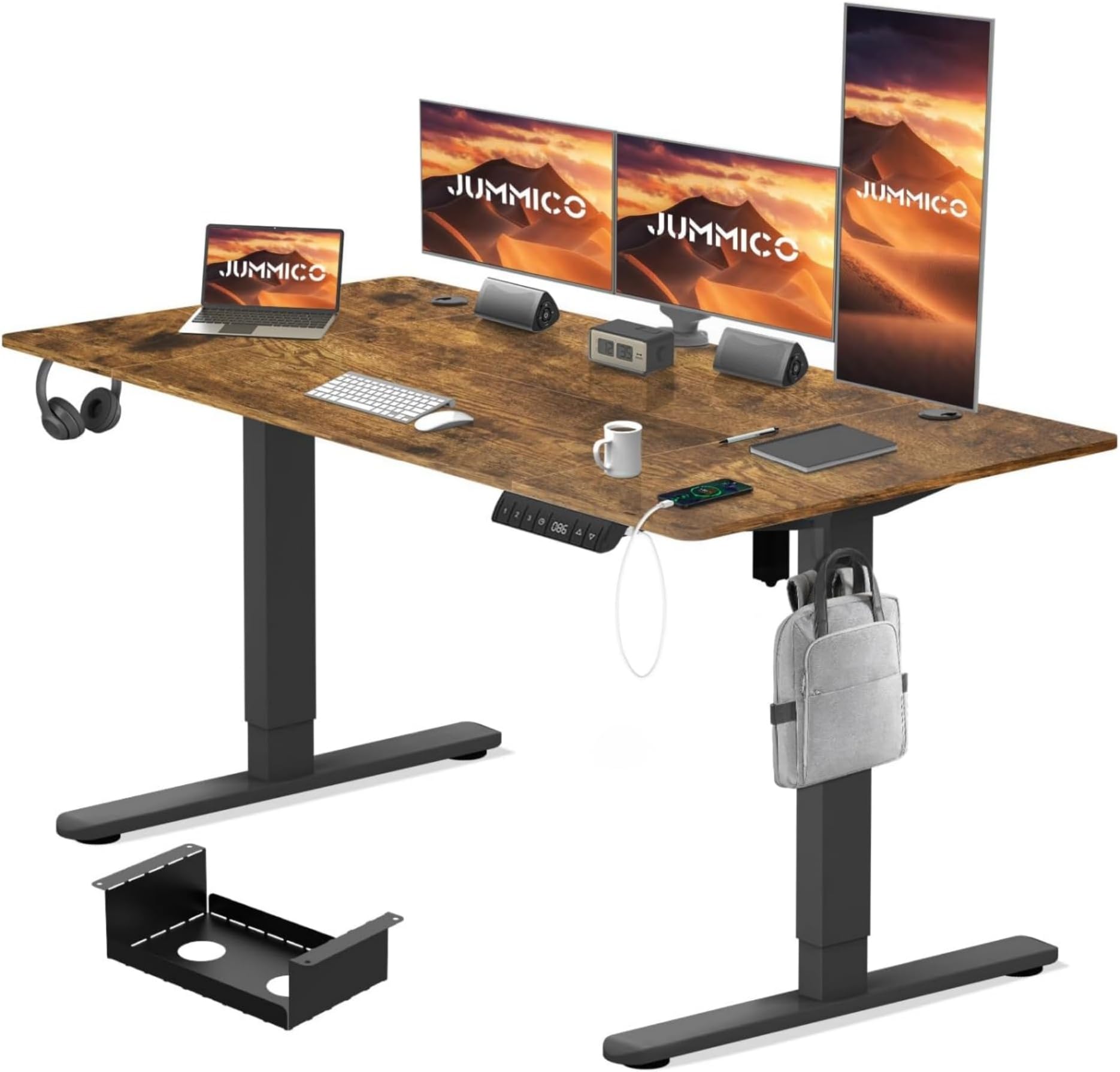 JUMMICO Electric Height Adjustable Desk 180x80 cm with Charging Station, Height Adjustable Computer Desk with Cable Management, Ergonomic Sit-Stand Desk Adjustable Height Table, Vintage Brown