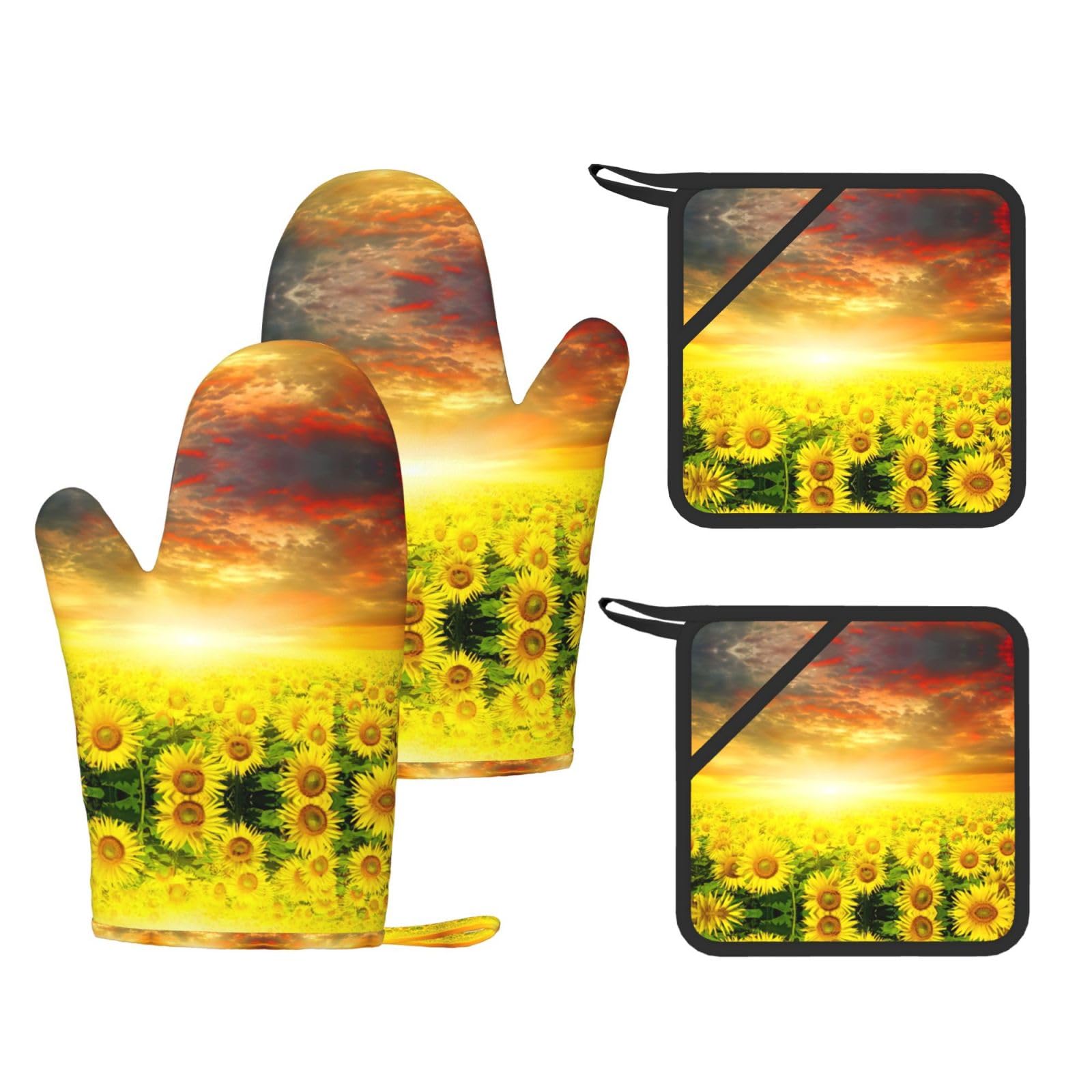 Eeprty Black Dreamlike Sunset Of A Sunflower Field Printed Kitchen Oven Gloves And Potholder 4 Pcs, Non-Slip Heat Resistant Mitts For Baking Chef
