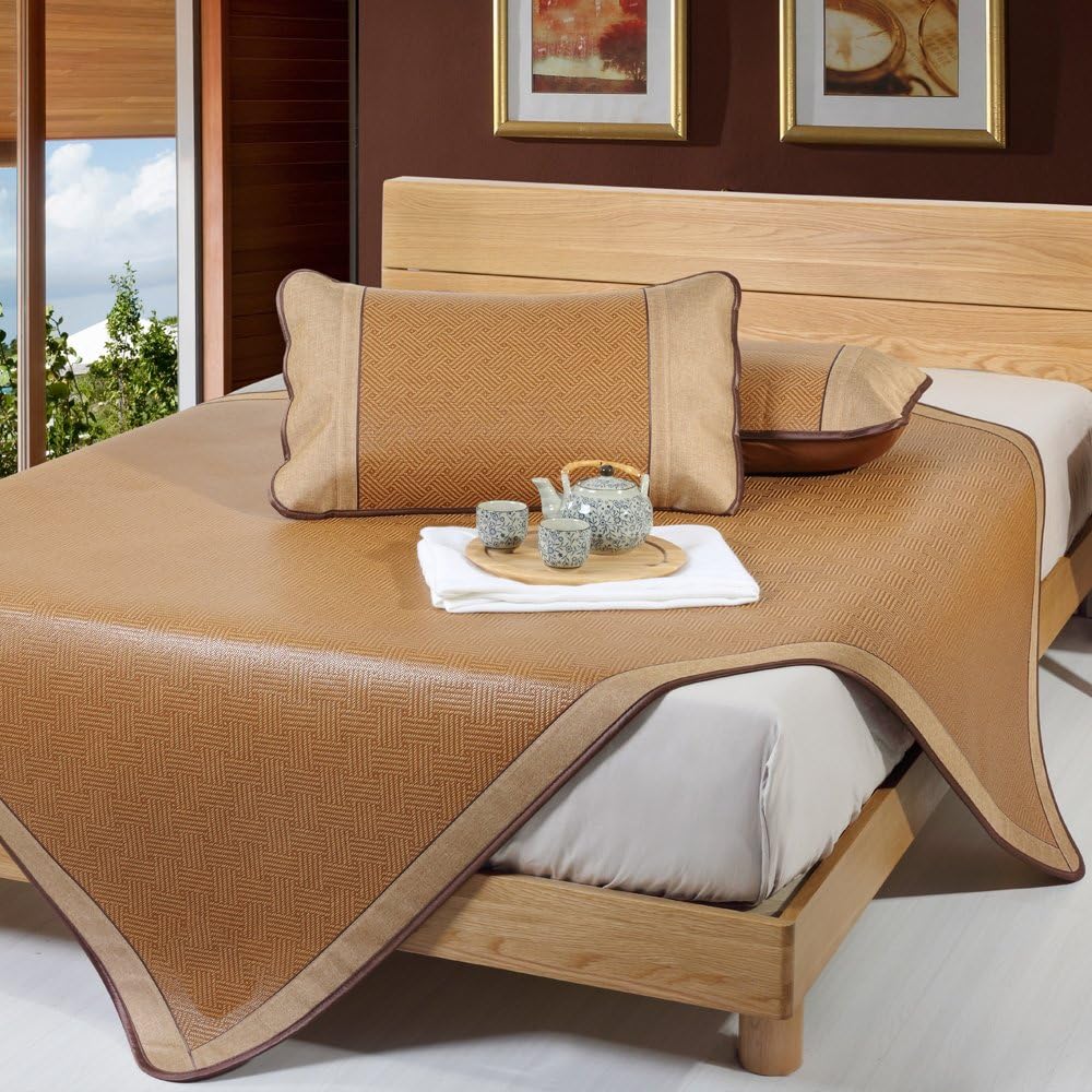 Aimjerry Rattan Mattress Topper Pad Cooling Summer Sleeping Mat and Pillow Shams Set (Twin, Brown 2)