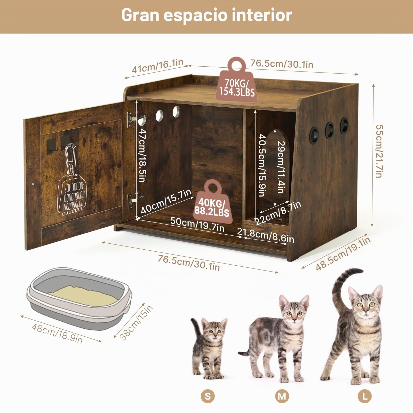 Mondeer Arenero para Gatos, Caja de Arena Oculta con Puerta y Orificios de Ventilación, Estilo Industrial Casa de Interior para Gatos para Sala de Estar Dormitorio Pasillo, Marrón Retro