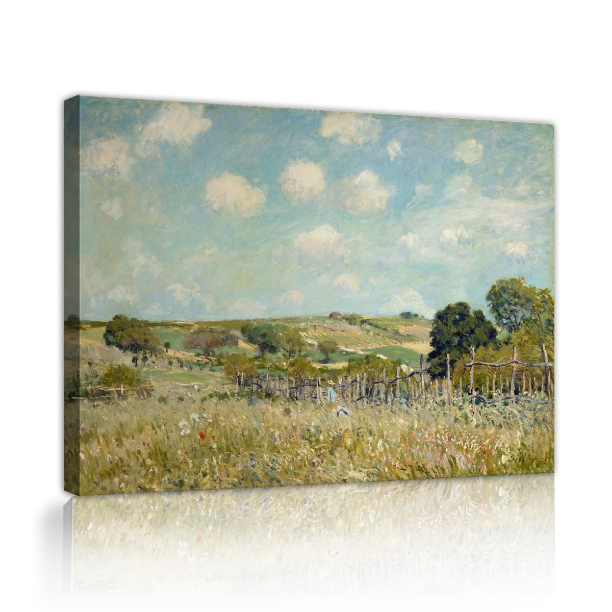 TOANGWALL Alfred Sisley Meadow Replica Framed Canvas Wall Art Living Room Impressionist Countryside Pasture Wooden Fence Picture Prints for Bedroom Office Decor 80x95cm