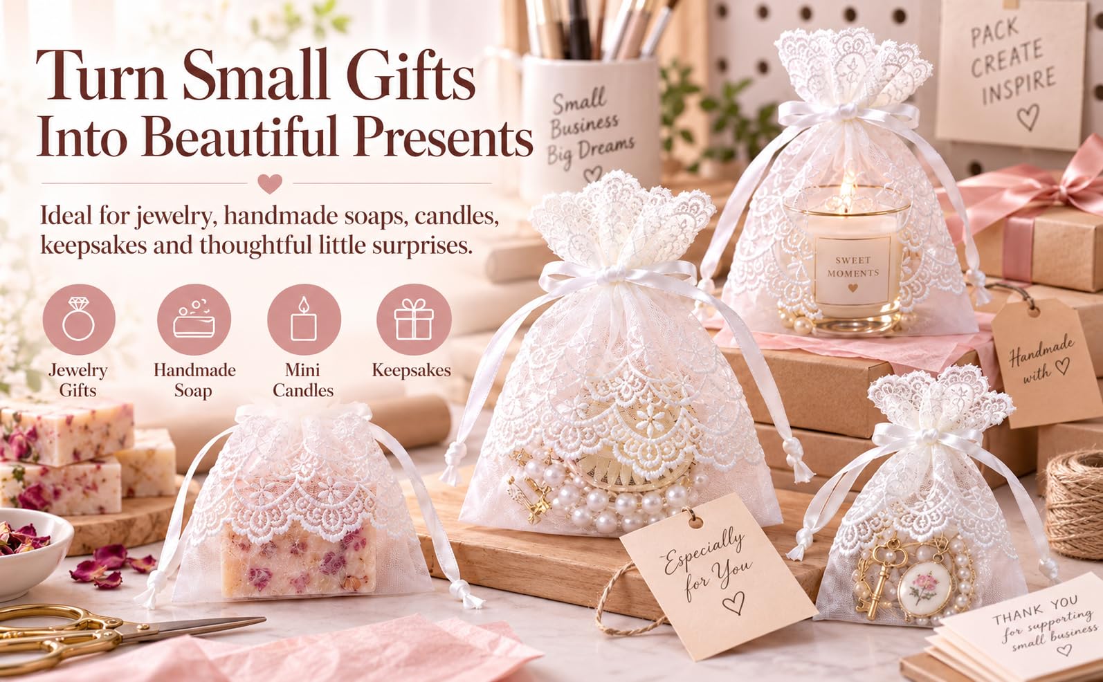 CHYHMYT Lot de 50 sacs cadeaux en dentelle brodée avec cordon de serrage, pochettes cadeaux de mariage, pochettes en dentelle florale, sacs d'emballage de bijoux, sacs de cadeaux de mariée
