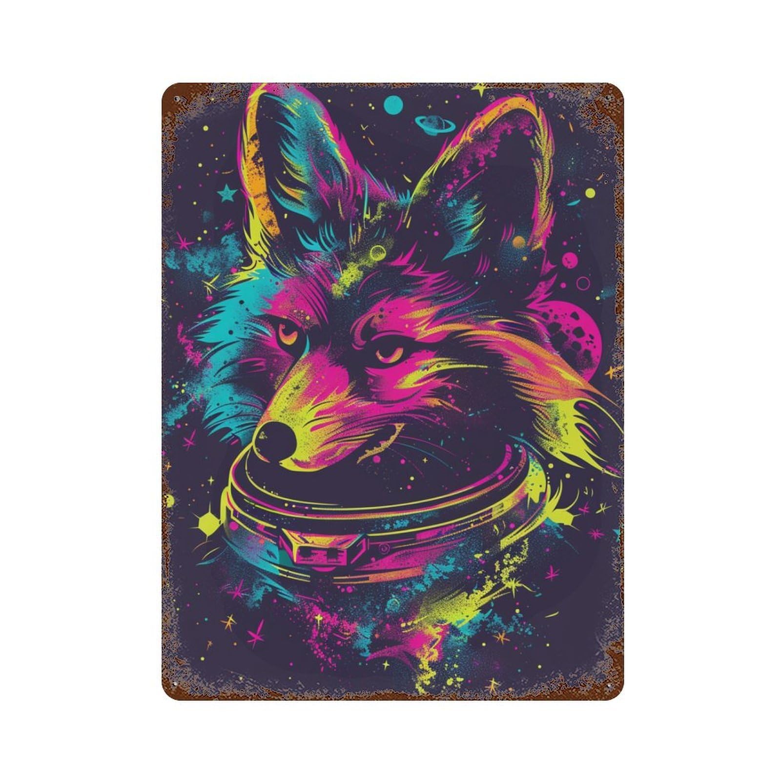 Space Fox Headphones Art Print Vintage Wall Sign 15.7"x11.8", Rust Effect Metal Decor for Shed, Workshop And Garage Wall Decor