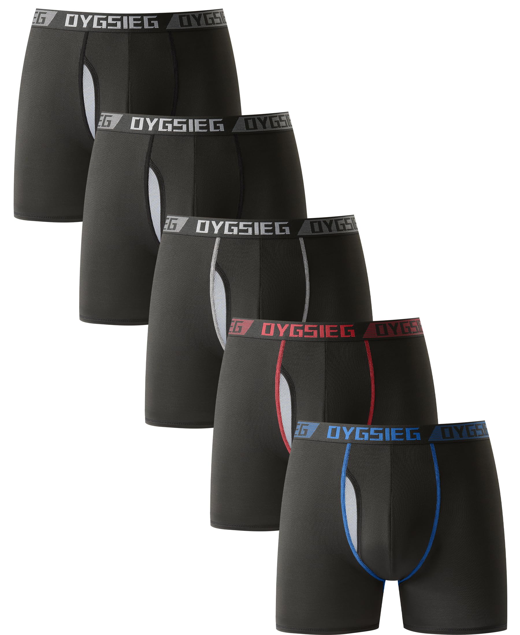 OYGSieg Mens Boxer Briefs Fly with Built-in Total Support Pouch Moisture-Wicking Odor Control Cool Underwear for Men 5-Pack