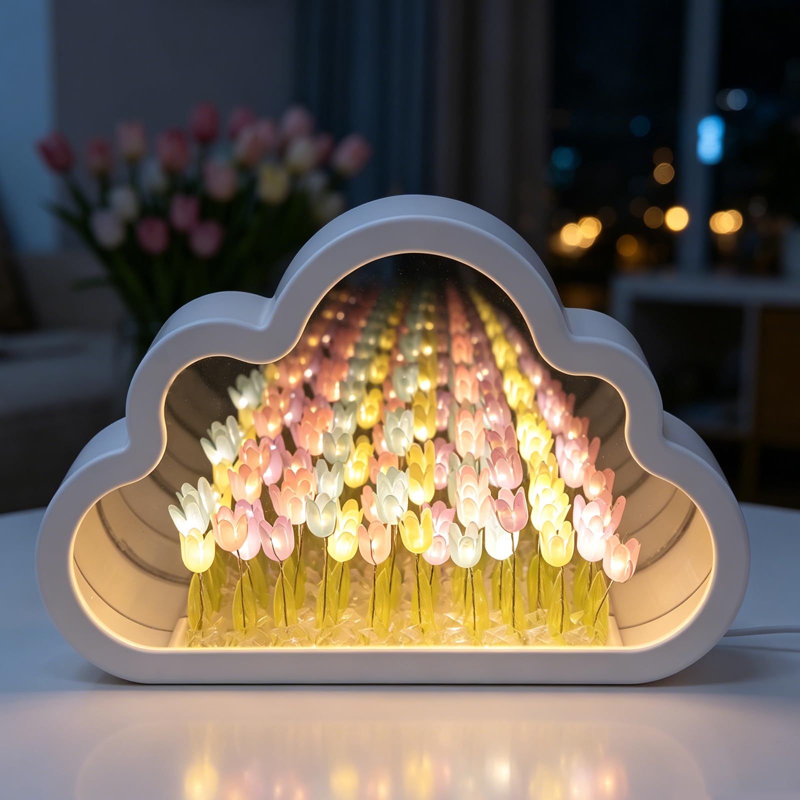 Hittriu Tulip Night Light, Cloud Mirror Lamp with 20 Tulip Flowers, USB Powered, LED Lamp Bedroom Decor, Birthday Gifts for Women (Colorful)