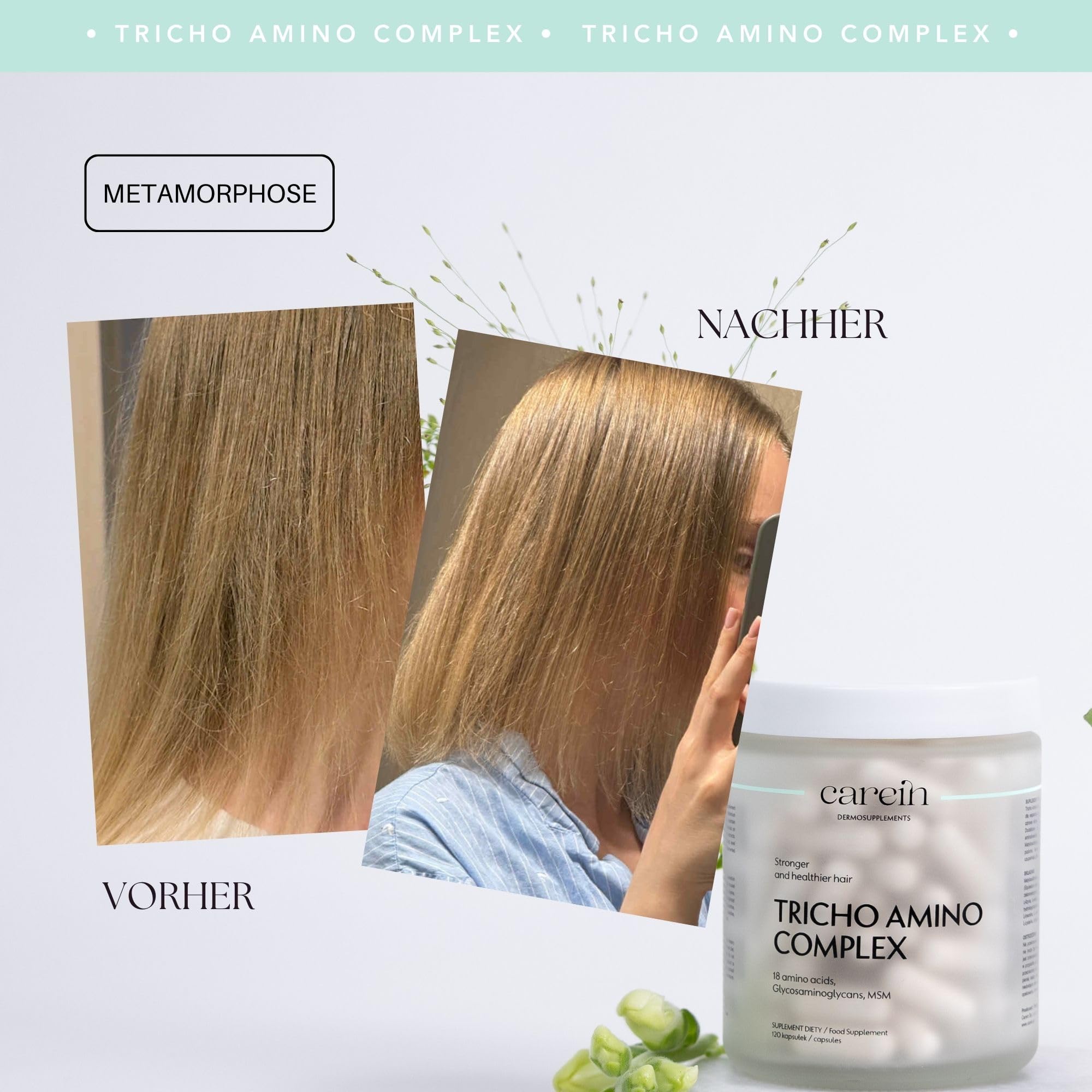 Tricho Amino Complex - Haarwachstum Nahrungsergänzung mit Aminosäuren, MSM & Biotin - Reduziert Haarbruch, Stärkt Haarstruktur - 120 Kapseln,30-Tage-Vorrat - Professionelle Trichologie-Formel - Carein