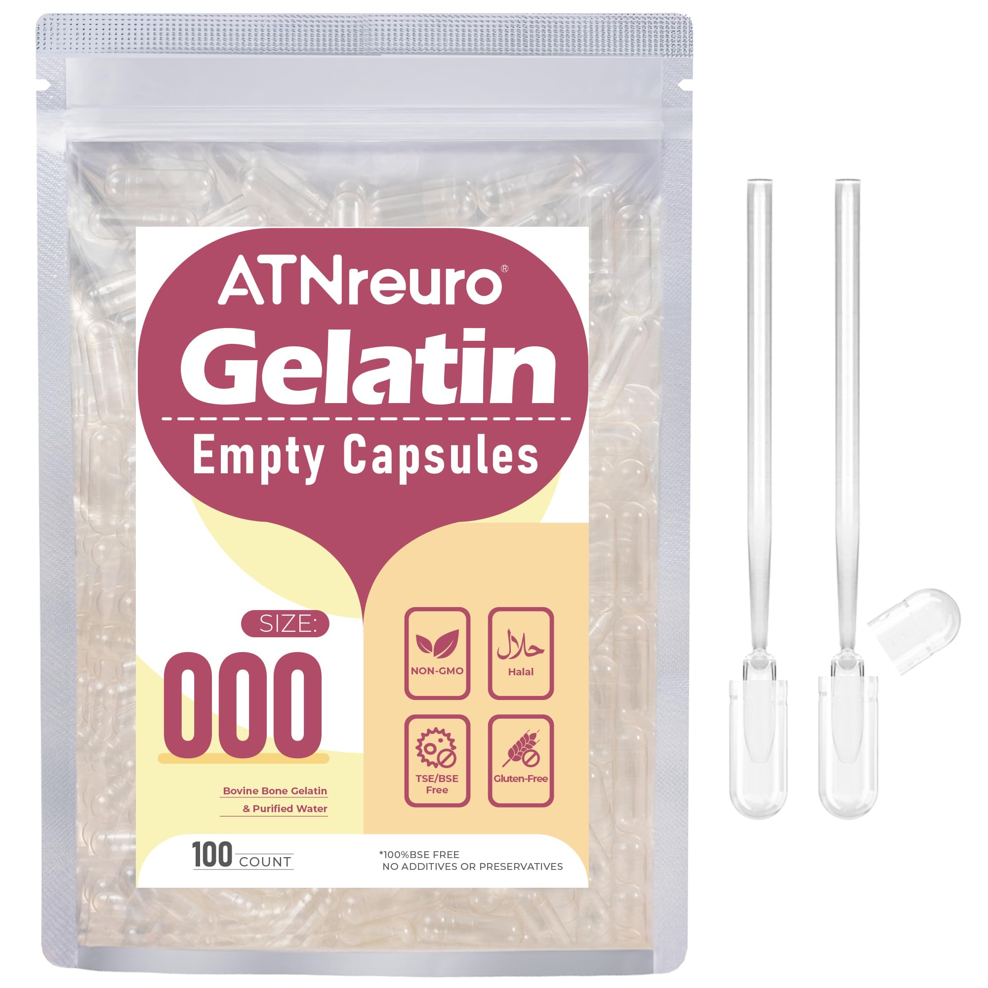 ATNreuro Cápsulas Vazias de Gelatina Tamanho 000 com 2 Microcolheres, 100 cápsulas