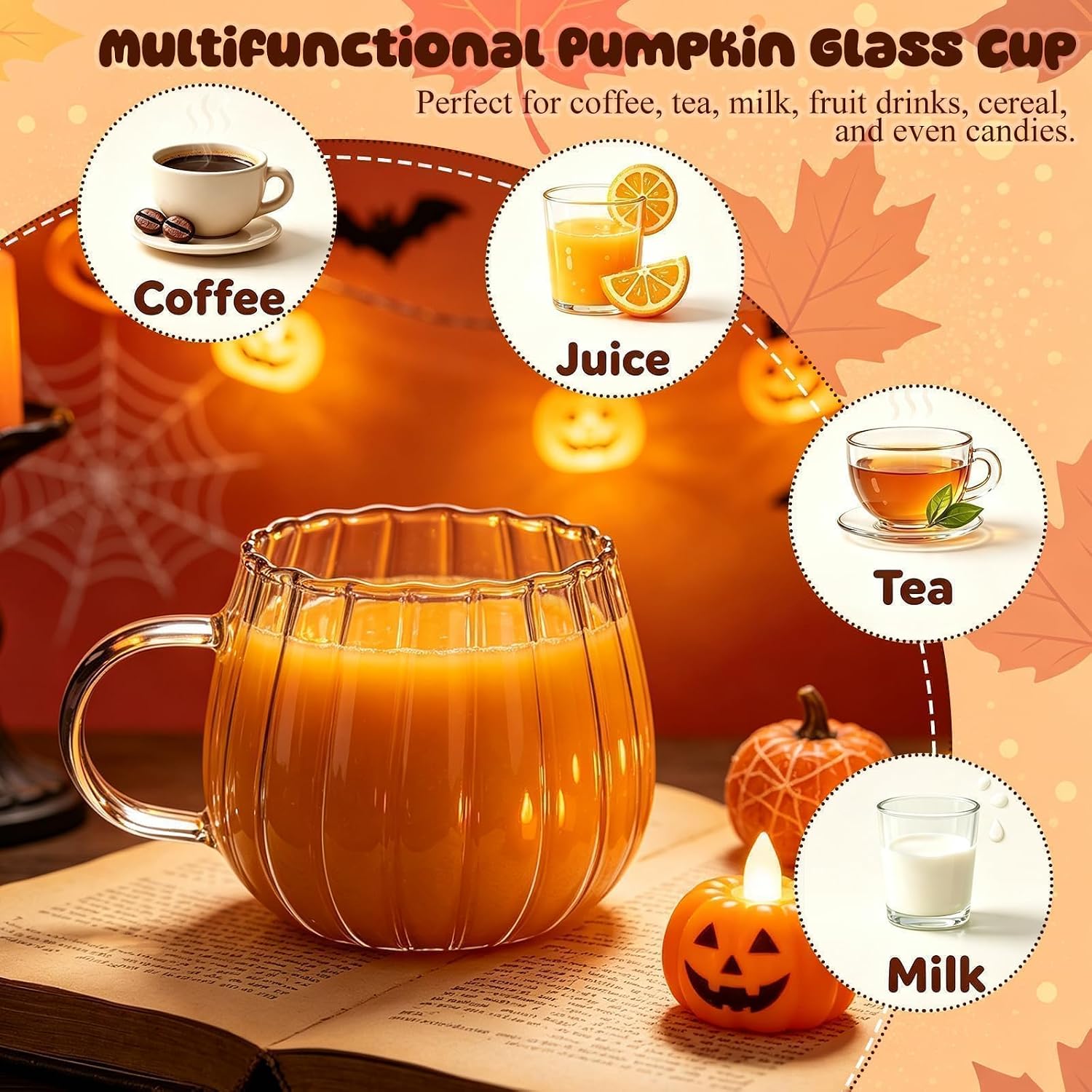 4PCS Halloween Pumpkin Glass Cups Fall Coffee Mugs with Handle for Gift