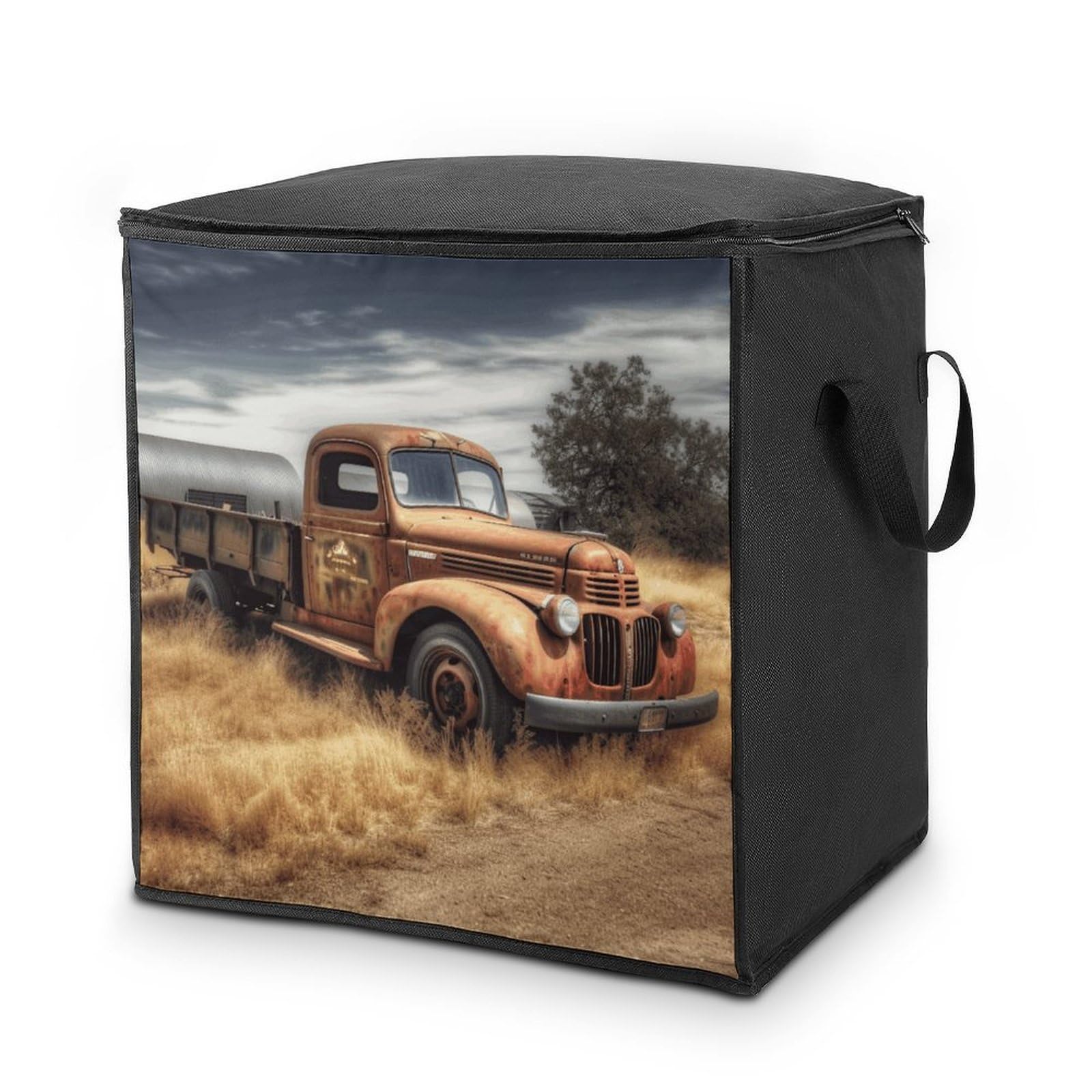 Old Truck Car Storage Bag with Zippers And Handle Extra Large Bedding Comforter Storage Bag Foldable Blanket Storage Bags Fabric Moving Bags for Closet Organizer (70L)