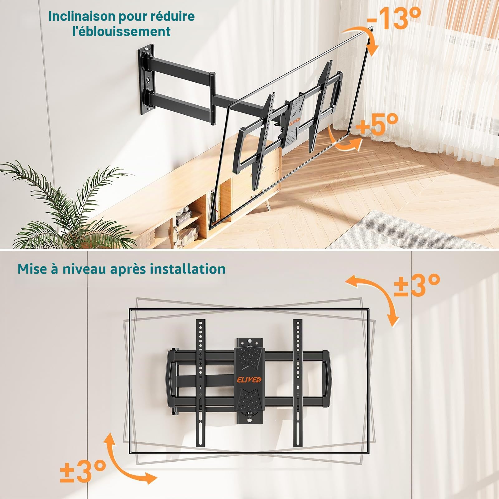 ELIVED Support mural de 813 mm pour la plupart des téléviseurs de 37 à 75 pouces | Bras d'extension, inclinable, pivotant, support mural d'angle pour TV, VESA max 600 x 400 mm, supporte jusqu'à 45 kg