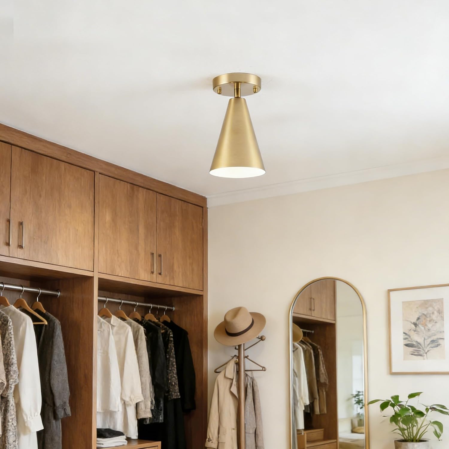Modern 1-Light Gold Semi-Flush Mount Ceiling Light, 5.51" D×9.64" H Metal Cone Fixture with Brushed Gold Finish, E26 Base Mid-Century Ceiling Lamp for Entryway, Hallway, Bedroom - 1-Pack