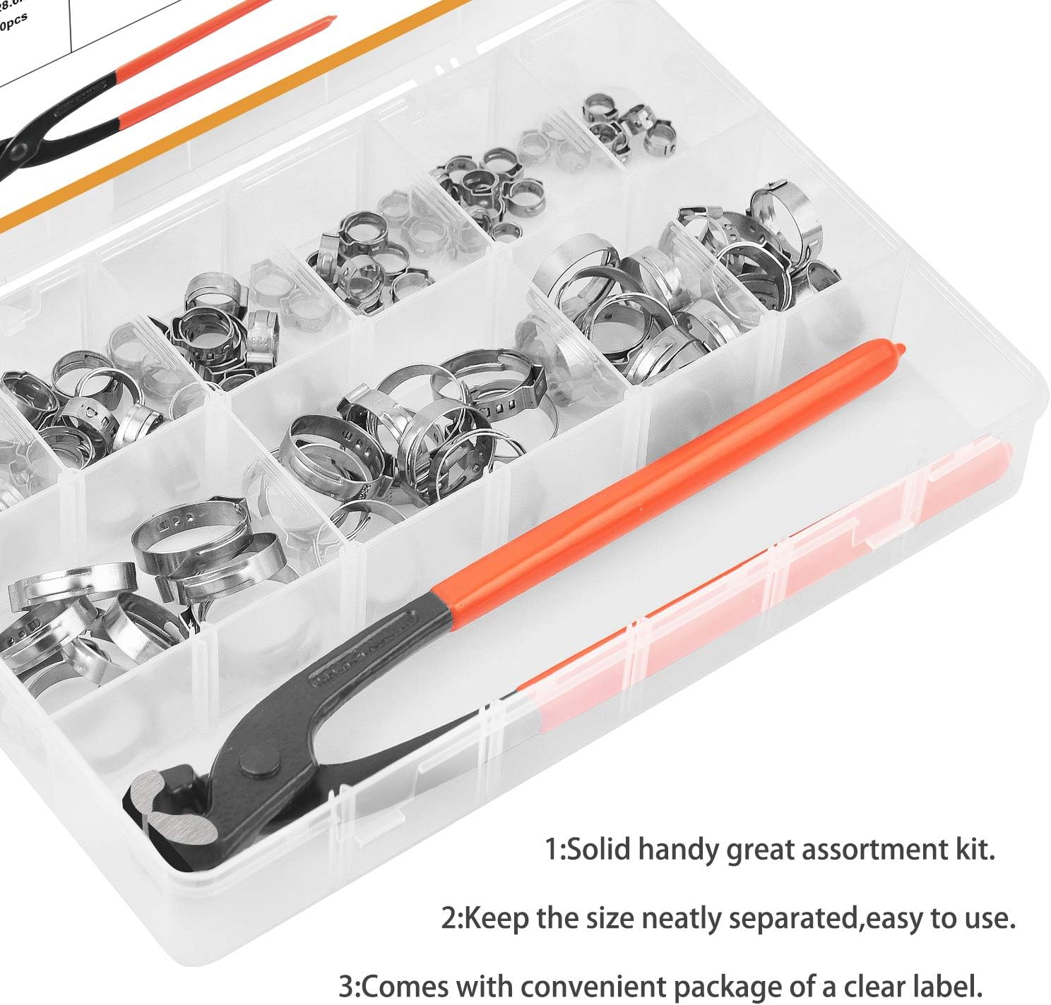 VIGRUE 115Pcs Single Ear Hose Clamps Kit, 6-28.6mm Stepless Hose Clamps with Ear Clamp Pincer, Adjustable Crimp Cinch Rings for Automotive, Pipe, Plumbing