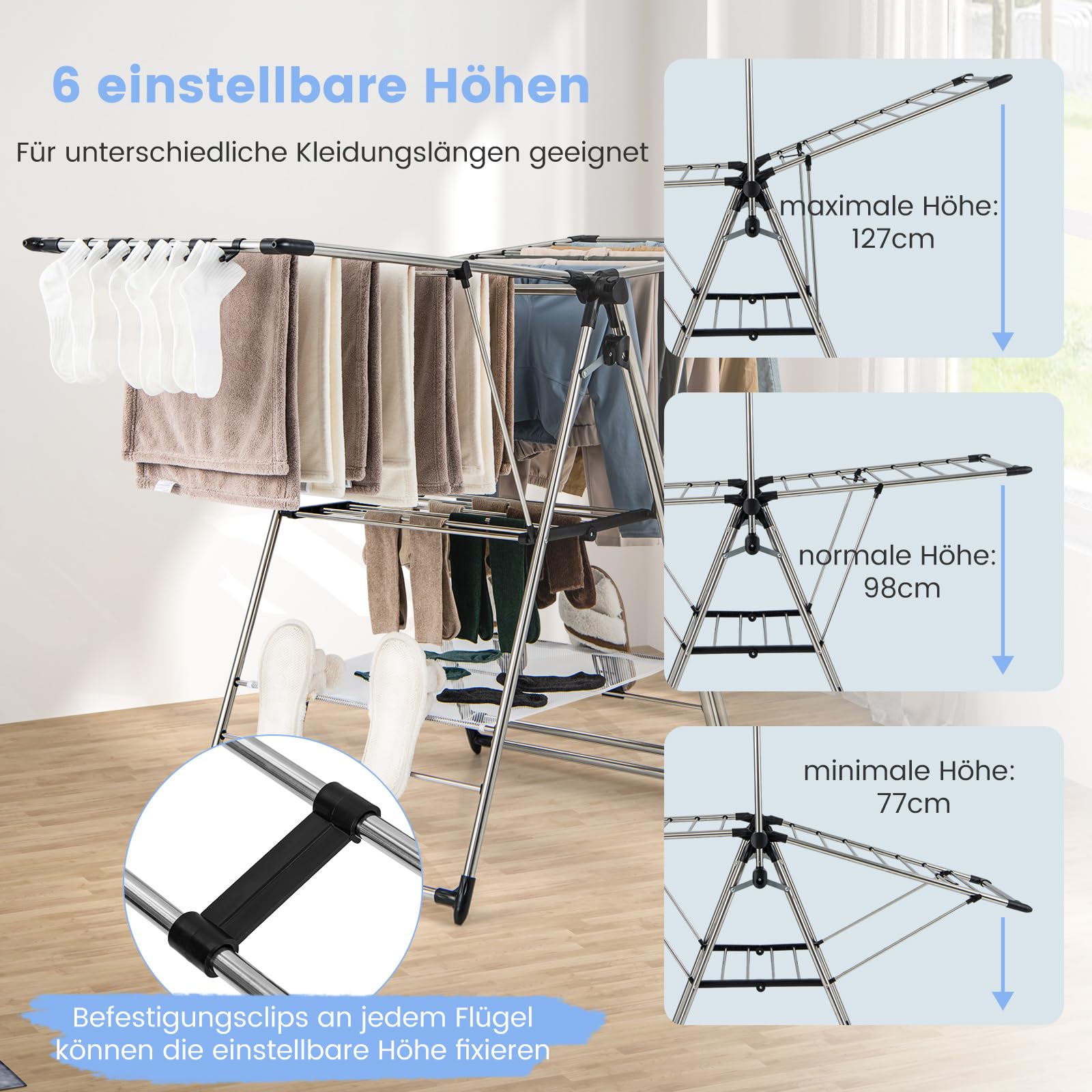 COSTWAY Wäscheständer klappbar, Wäschetrockner ausziehbar, Standtrockner höhenverstellbar mit Flügeln & Schuhablage, Trockenständer Wäscheturm für Innen und Draußen (Upgrade)