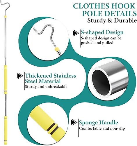 Miniatura 3 de Poste de gancho para ropa, gancho de alcance para colgar ropa, luz y plantas extensibles de 35 a 50 pulgadas, hecho de tubo de acero inoxidable con