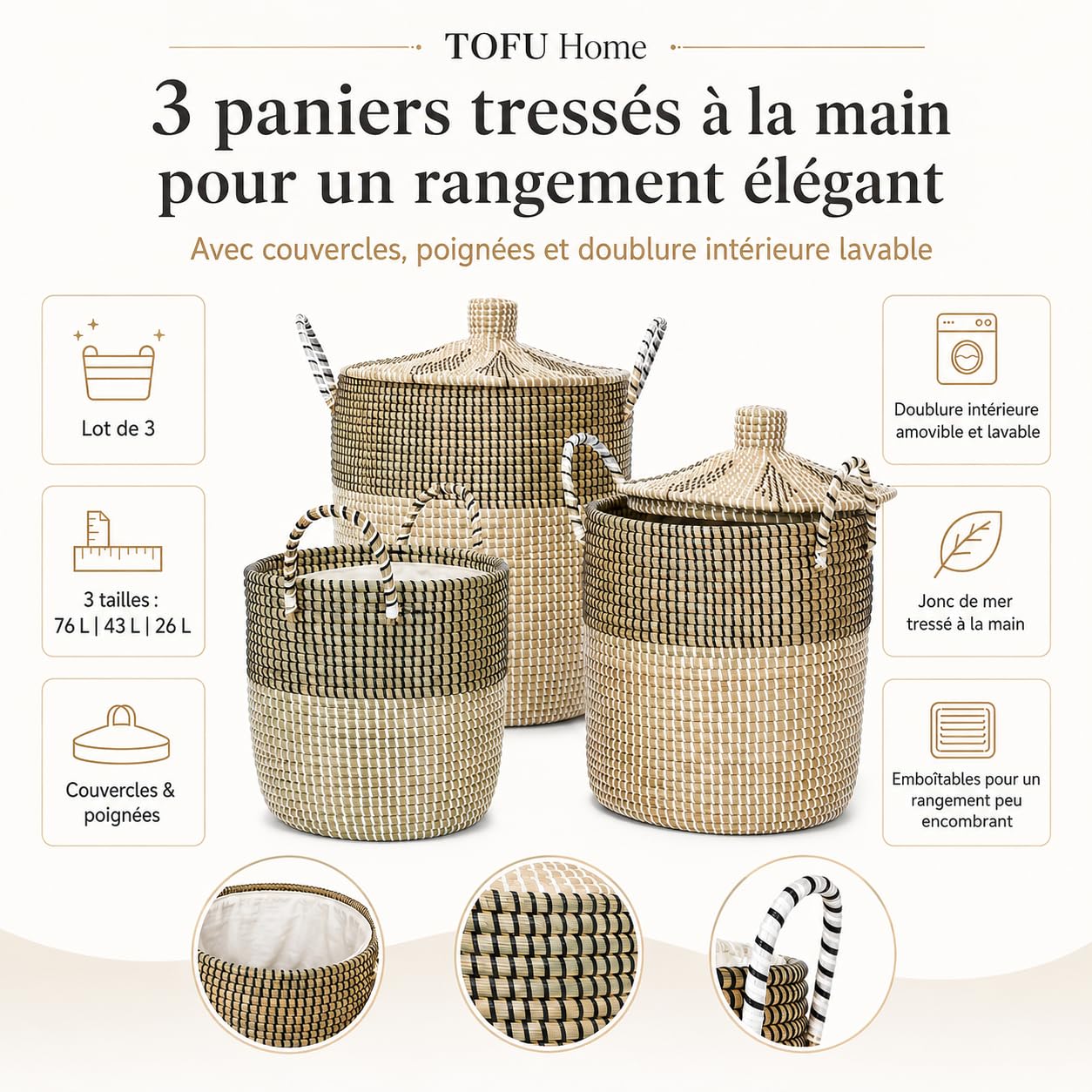 Panier de Rangement Herbe de Mer Artisanal Vietnam Set de 3 avec Doublure Amovible 75.99L/42.99L/25.65L