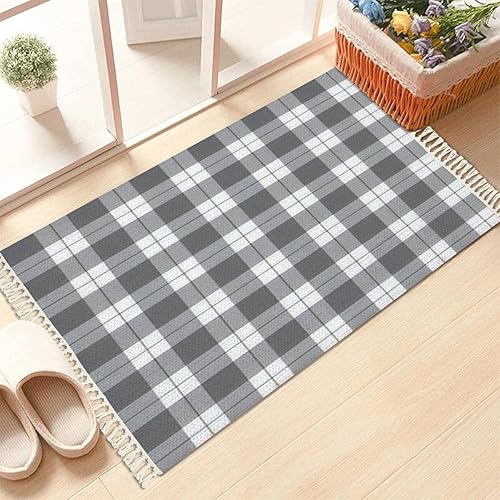 Miniatura 2 de Alfombra bohemia de color blanco y gris, simple escocesa escocesa, a cuadros, con flecos, para decoración de habitación de niños y niñas, con