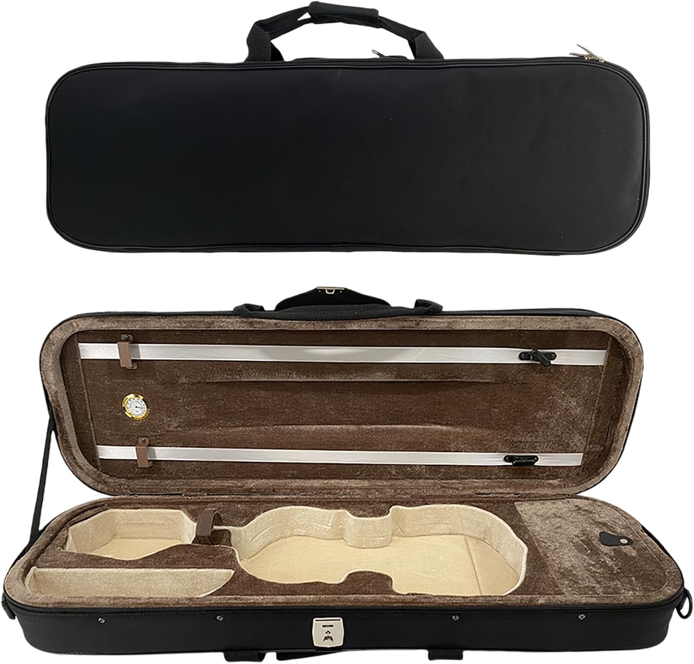 Vetimobato Oblong Violin Case 4/4 Full Size - Ultra Lightweight(1.62kg)Wooden Hard Shell Travel Case with 600D Nylon Raincoat,Plush Interior,2 Bow Holders,Hygrometer - Portable Violin Backpack(Black)