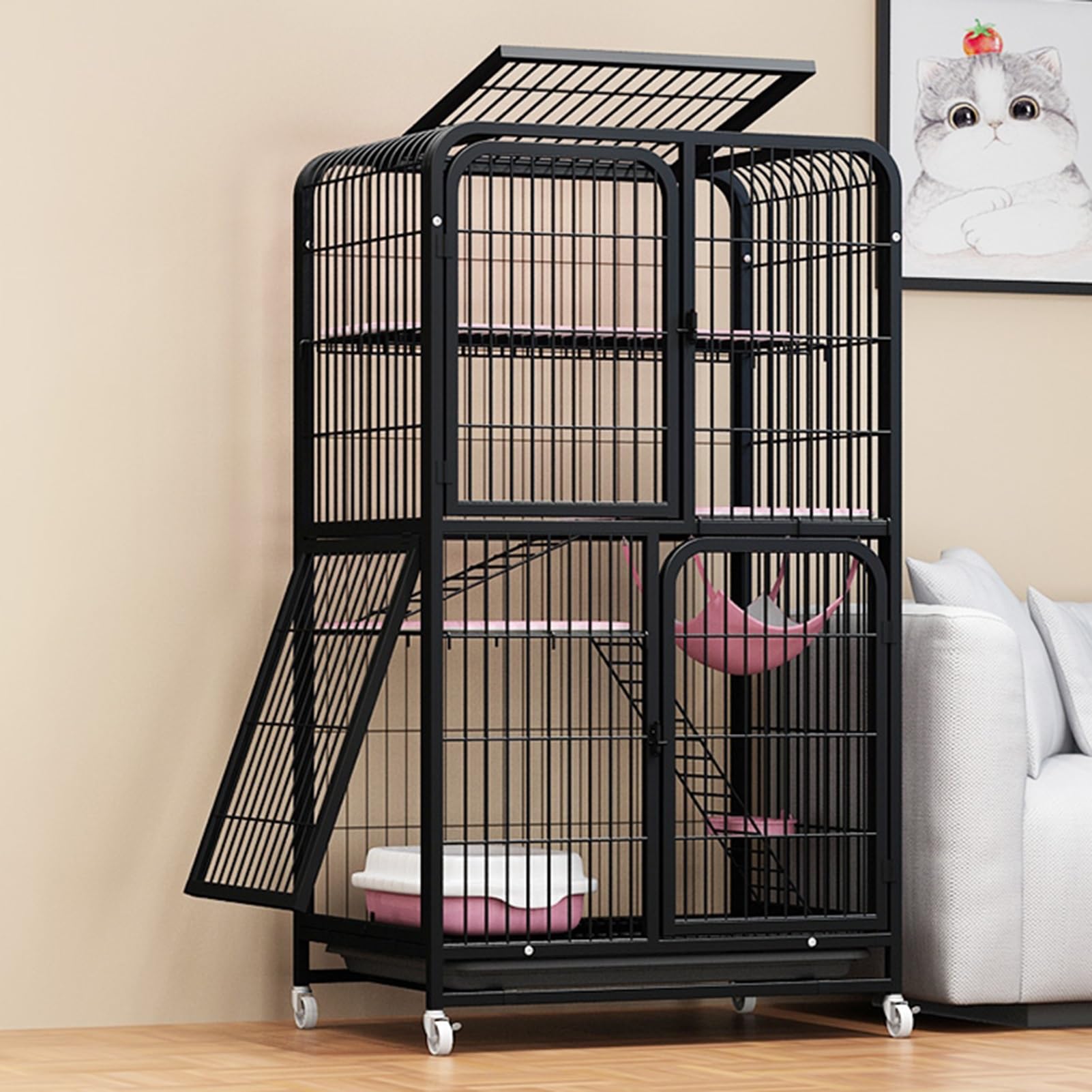 Grande cage pour chats à 4 niveaux avec plateau amovible pour 1 à 3 chats