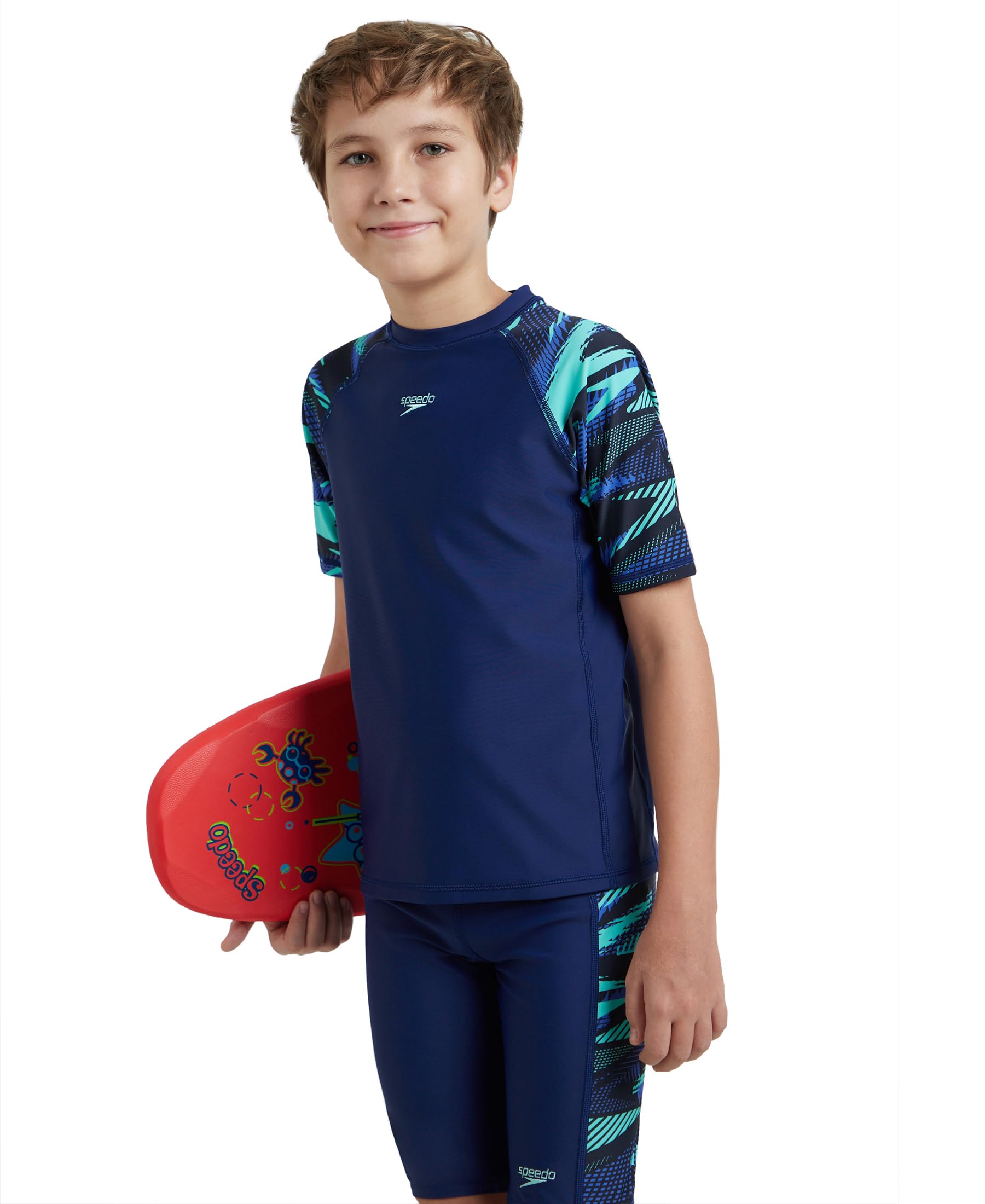 Speedo Boy's Endurance10 Hyperboom Print Short Sleeve Suntop - Harmony, True Navy & Cobalt 2