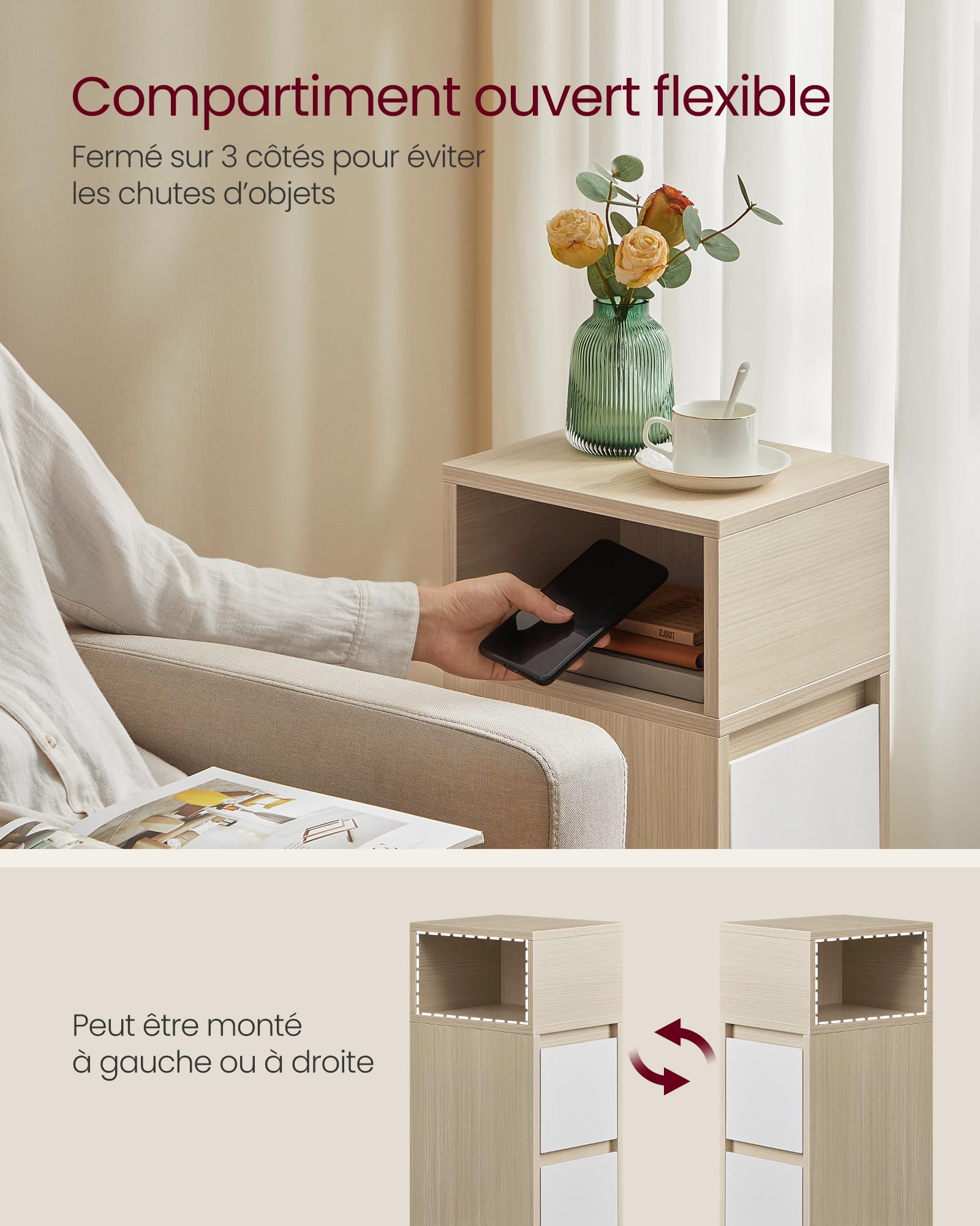 VASAGLE KAILYN Collection - Table de Chevet Étroite, Lot de 2, Table d’Appoint, 2 Tiroirs, Compartiment Ouvert, Montage à Gauche ou à Droite, Chambre, Moderne, Beige Naturel et Blanc Nuage LET856N01V1