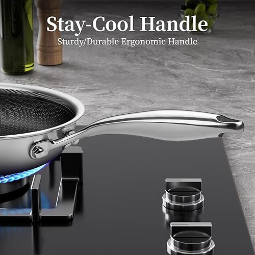 Miniatura 5 de Innerwell Sartén de acero inoxidable de tres capas de 12 pulgadas con tapa, gran antiadherente, revestimiento de panal de abeja, sartén para huevos