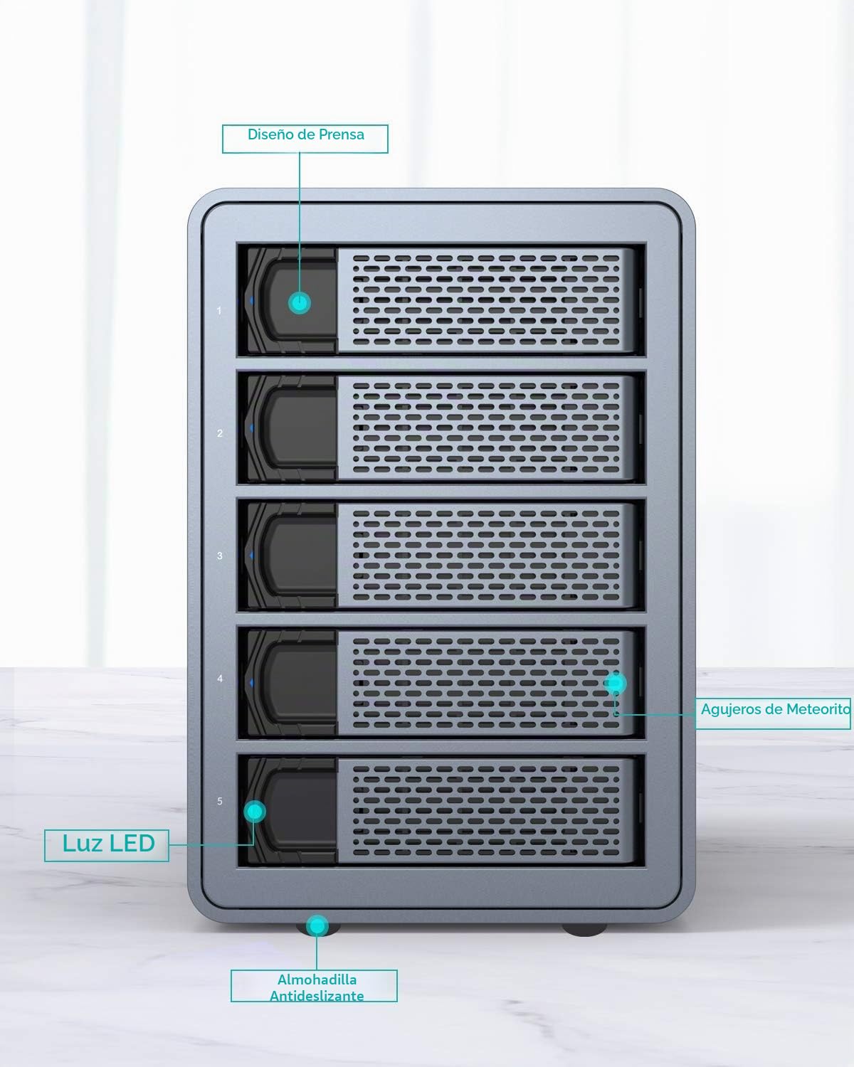 Yottamaster 5 Bahía Carcasa Disco Duro Raid, Aluminio Caja para 2.5"/3.5" SATA HDD/SSD, USB Type B 3.0 5Gbps Externo Carcasa Soporta 5 x 24TB Raid 0/1/3/5/10/JBOD/PM, Ventilador de 80mm