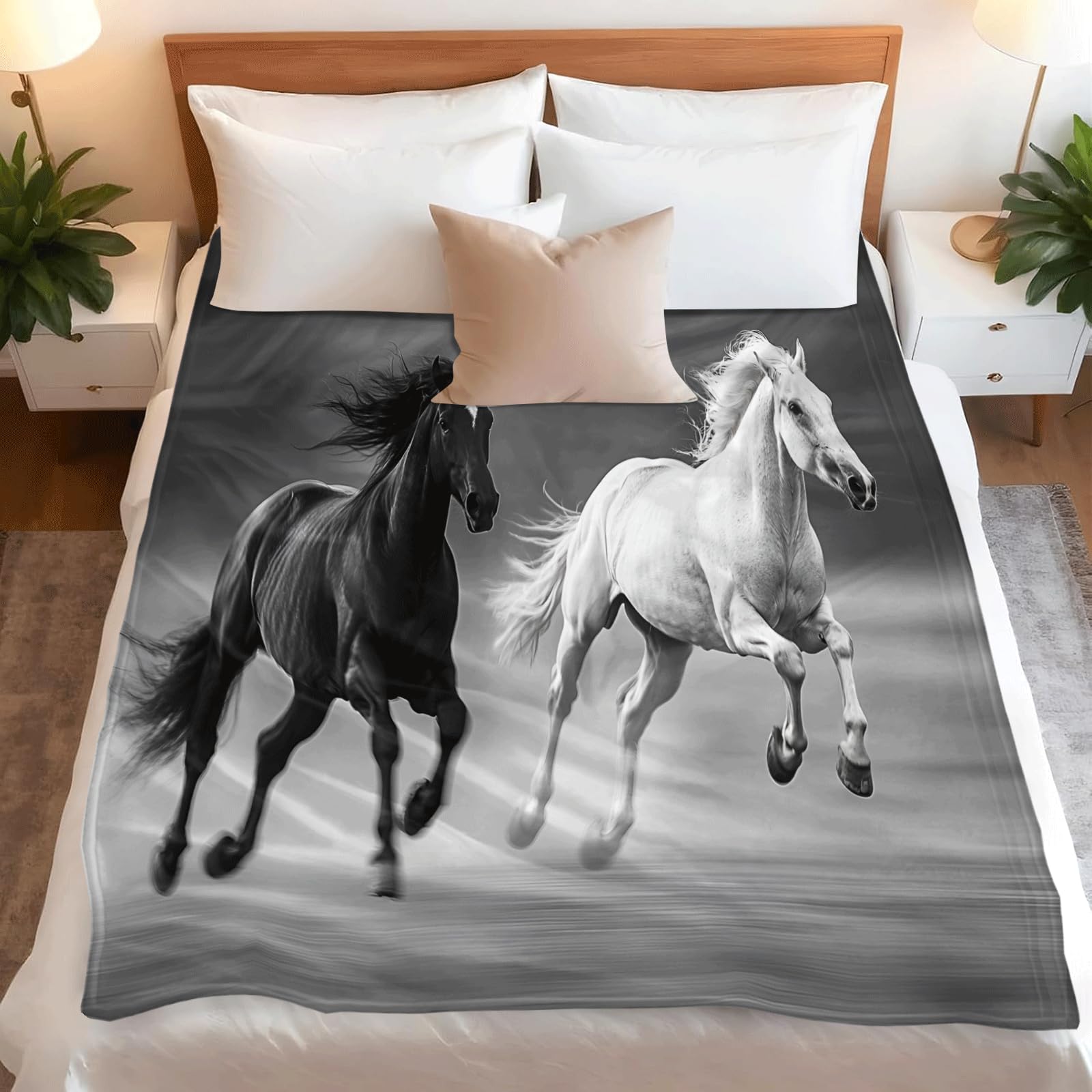 Horse Throw Blanket, Two Horses Print Blankets for Couch Sofa