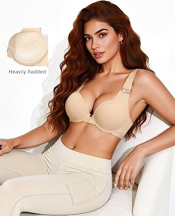 Upushall Racerback Push Up Bras for Women Padded Add 2 Cup T Shirt Front Closure Everyday Bra Seamless