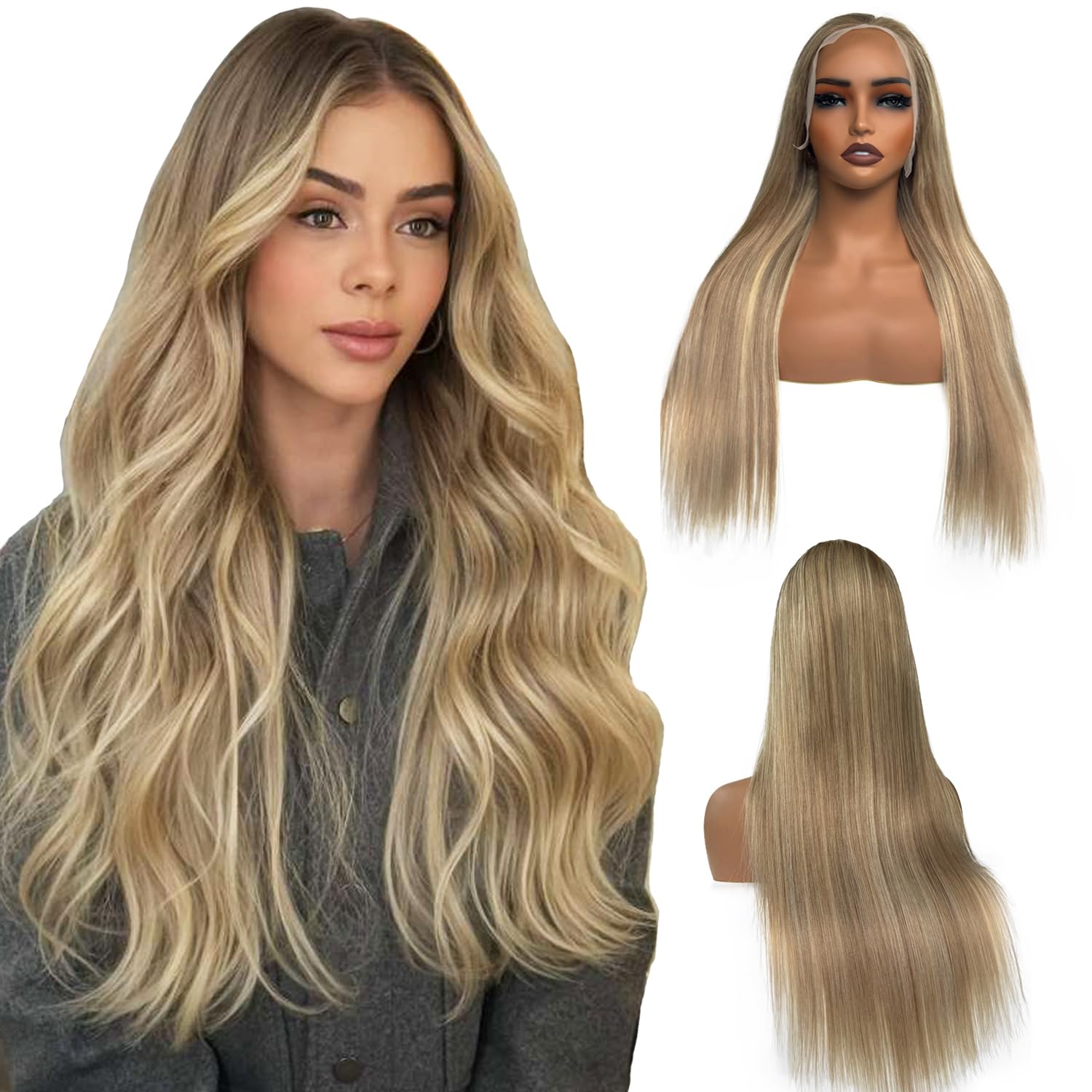 Photo 1 of Ubetta 13x6 Lace Front Wigs Human Hair 30 Inch Ash Brown to Ash Blonde Balayage Blonde Wig Highlights Glueless Wigs Human Hair Pre Plucked 180% Density Lace Front Wigs for White Women