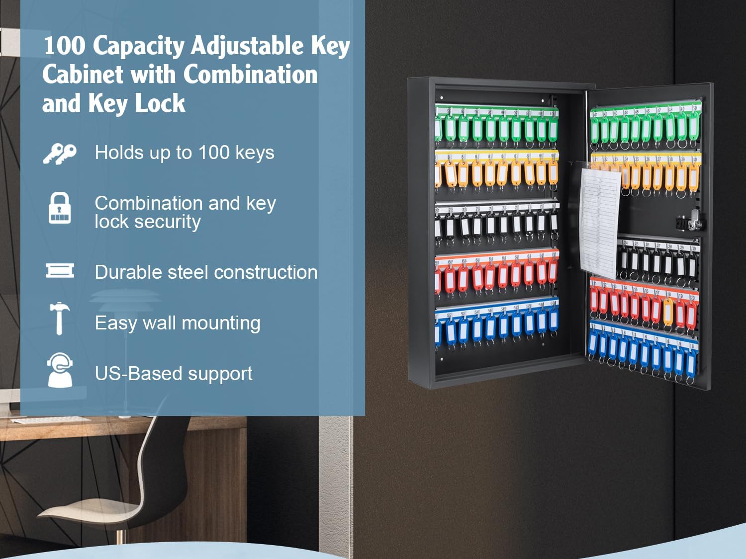 Barska 100 Position Combination Key Lock Box – Wall Mount Steel Key Cabinet with 4-Digit Lock, Numbered Hooks, Key Tags & Index Log for Office or Business - Key Cabinet Wall Mount Key Locker