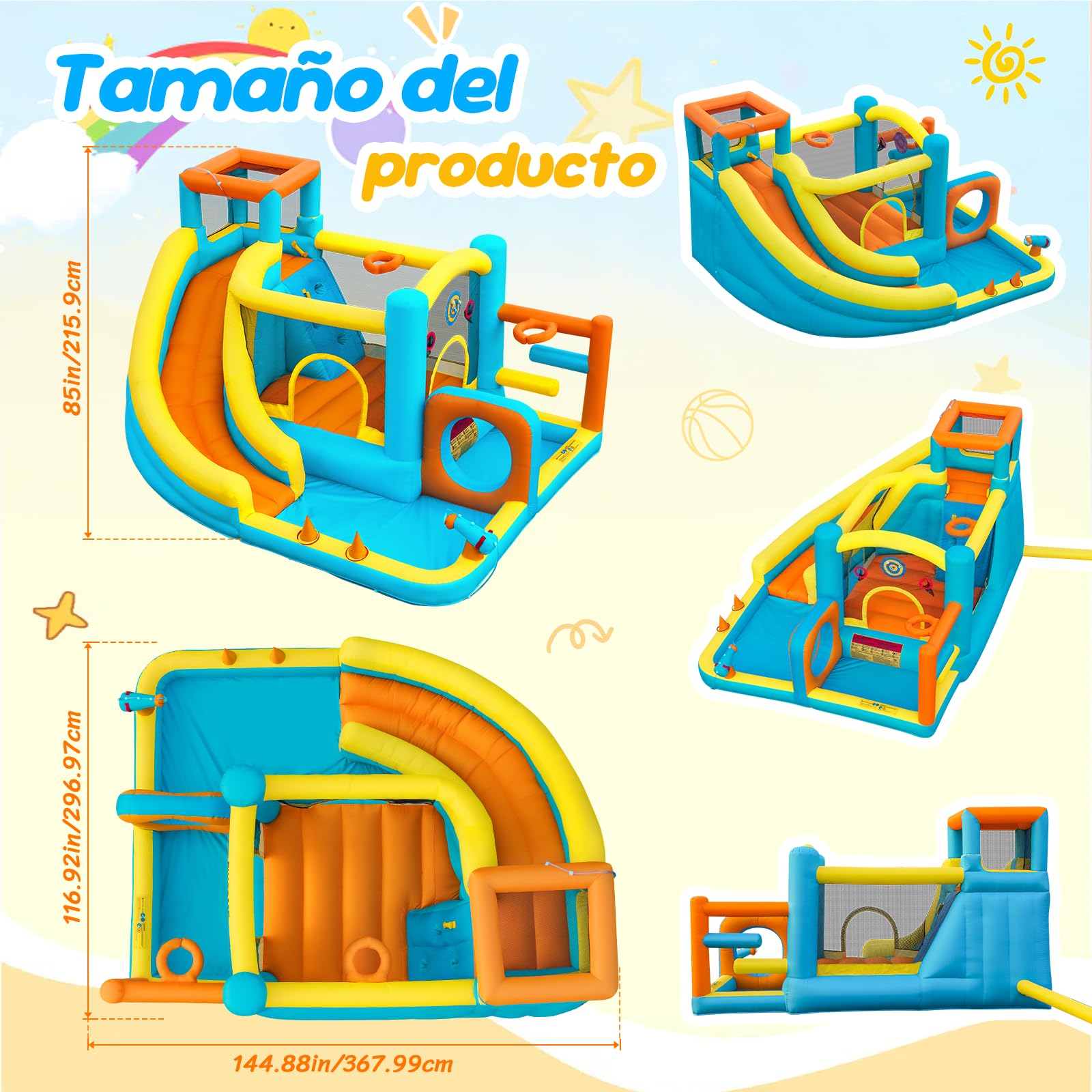 Castillo Hinchable con Tobogán Acuático, Soplador Incluido, Piscina de Bolas, Zona de Saltos y Rocódromo, para Uso Interior y Exterior, Ideal para Parques y Fiestas Familiares