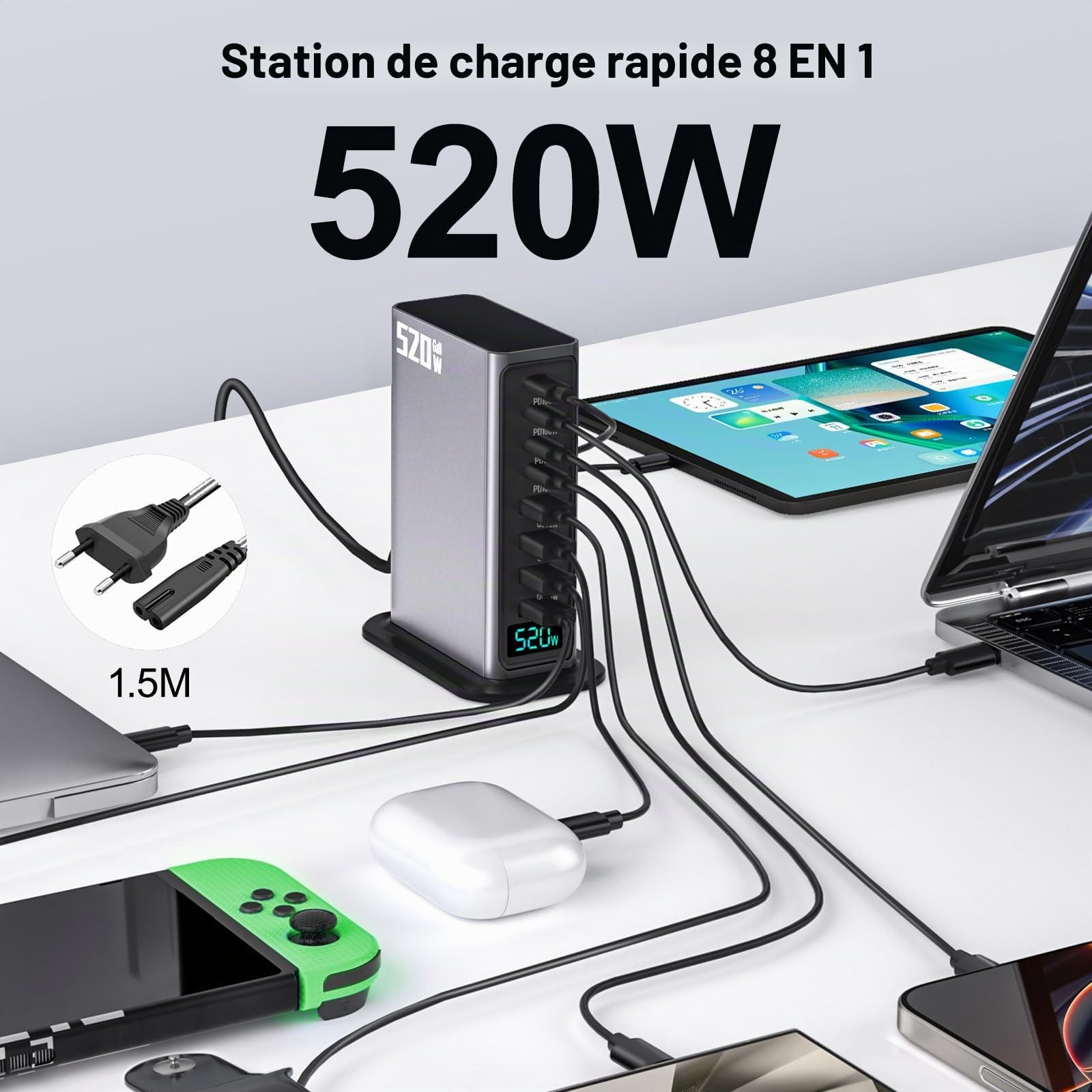 520W USB C Charger 8 Port PD 100W 65W 45W 30W GaN Wall Charger Adapter Plug USB A Fast Charging Station Block for MacBook Pro/Air, iPad, iPhone 17 16 Galaxy S26 Pixel Dell Laptop Type C Phone Android