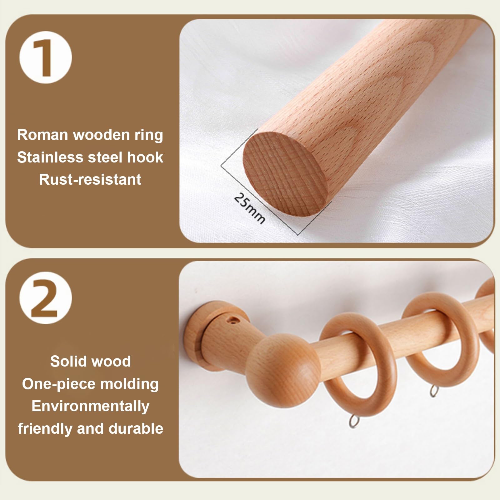 Bastone Tenda Legno Ecologico, Bastoni per Tende Silenzioso, Curtain Rod Duradero in Legno di Faggio, per Soggiorni Camere da Letto Cucine Sale da Pranzo(220 cm (3 Brackets))