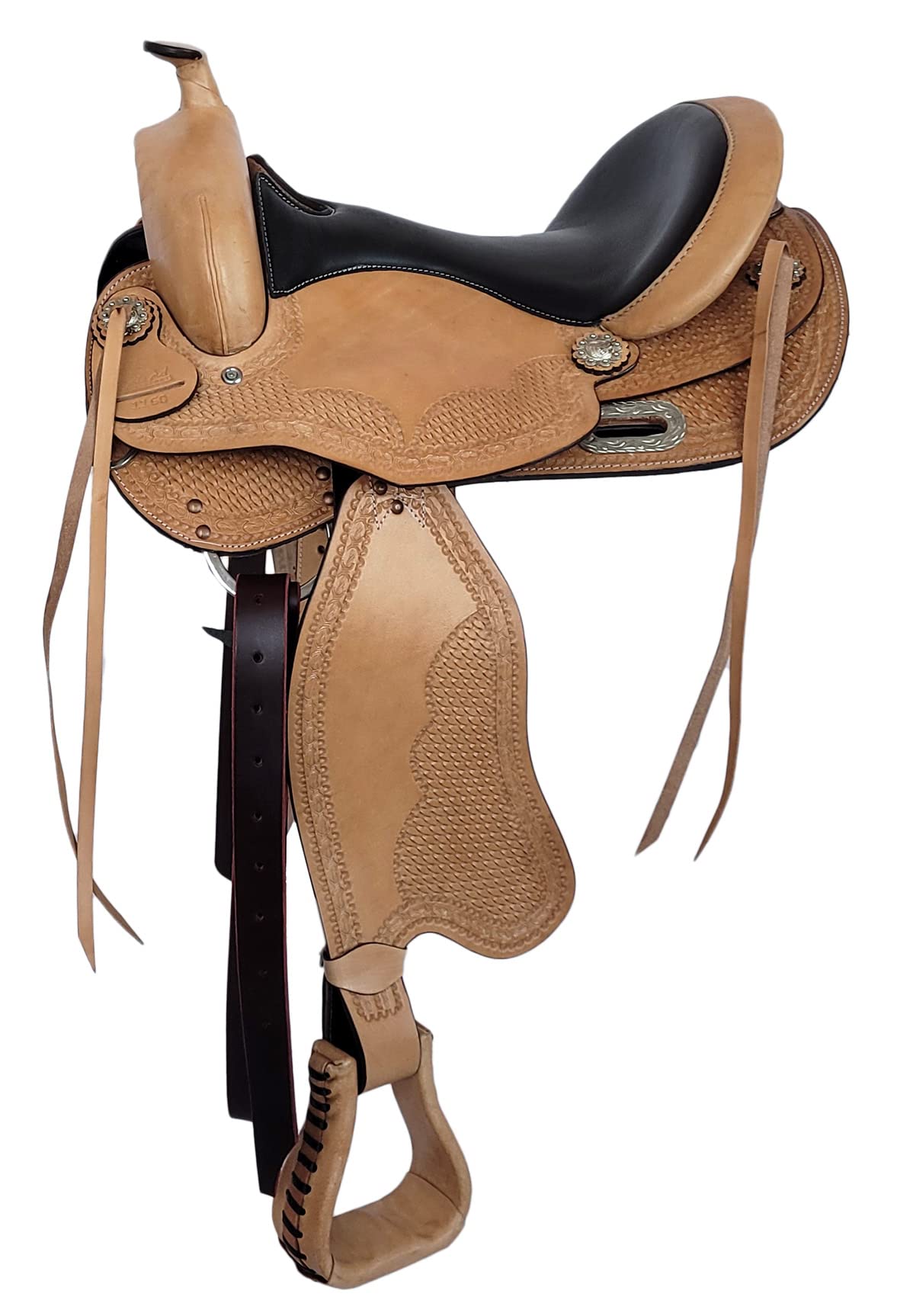 A&M Reitsport Baumloser Westernsattel Nebraska ECO Büffelleder, wechselbares Kopfeisen, Größe:17 Zoll
